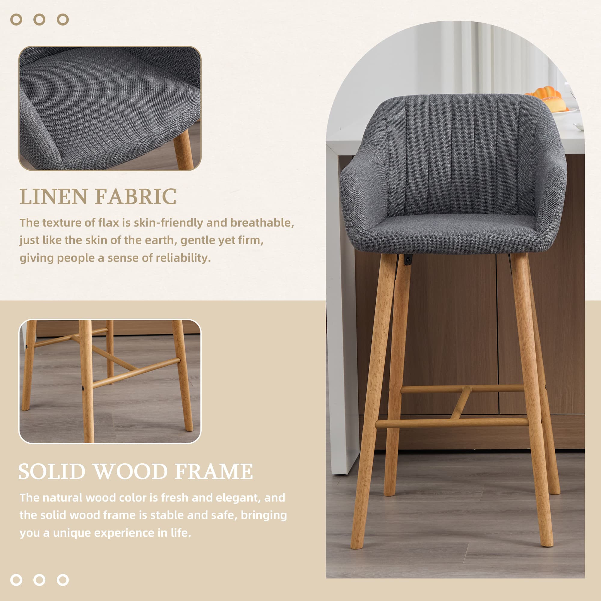 Modern Bar Stools Set Of 2, Kitchen Island Tall Chairs With Back, Arm, Footrest And Solid Wood Leg, Linen Fabric Upholstered Bar Stools 3