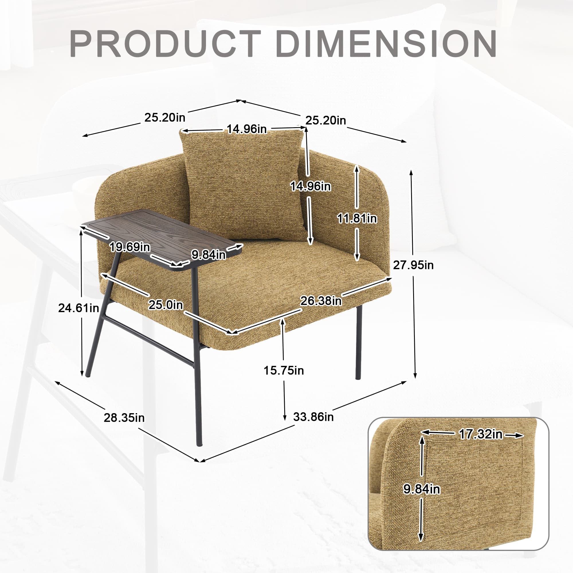 Leisure Chair, Lounge Relaxing Chair With Small Table And Back Pillow, Modern Upholstered Chairs With Metal Legs And Side Pockets , Single Sofa For Living Room Bedroom Garden 4