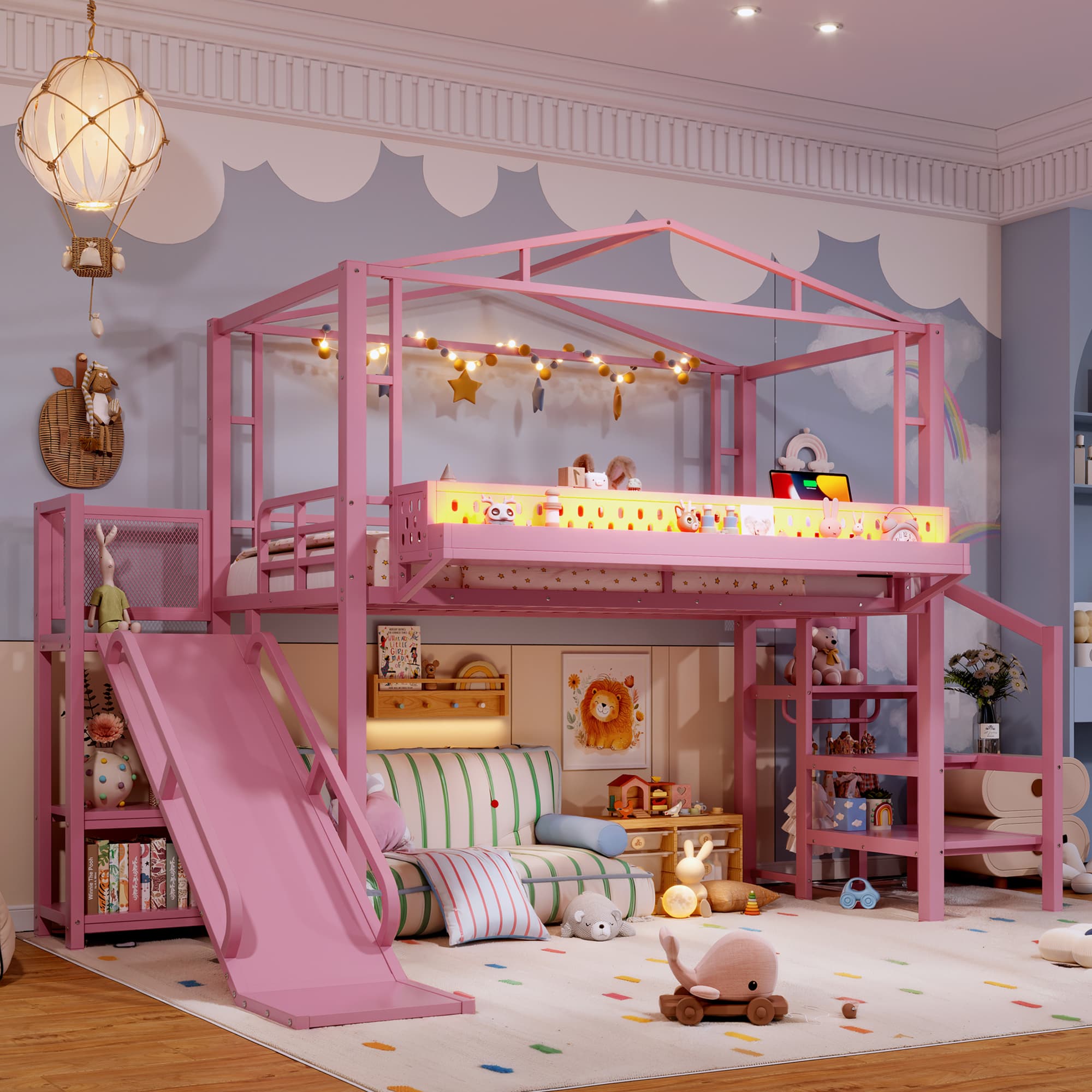 Twin Size Loft Bed With Storage Stairs, Shelves And Built-in Wardrobe, Metal Loft Bed Frame With USB Ports And LED Lights, Noise-reduced Design, Pink 2