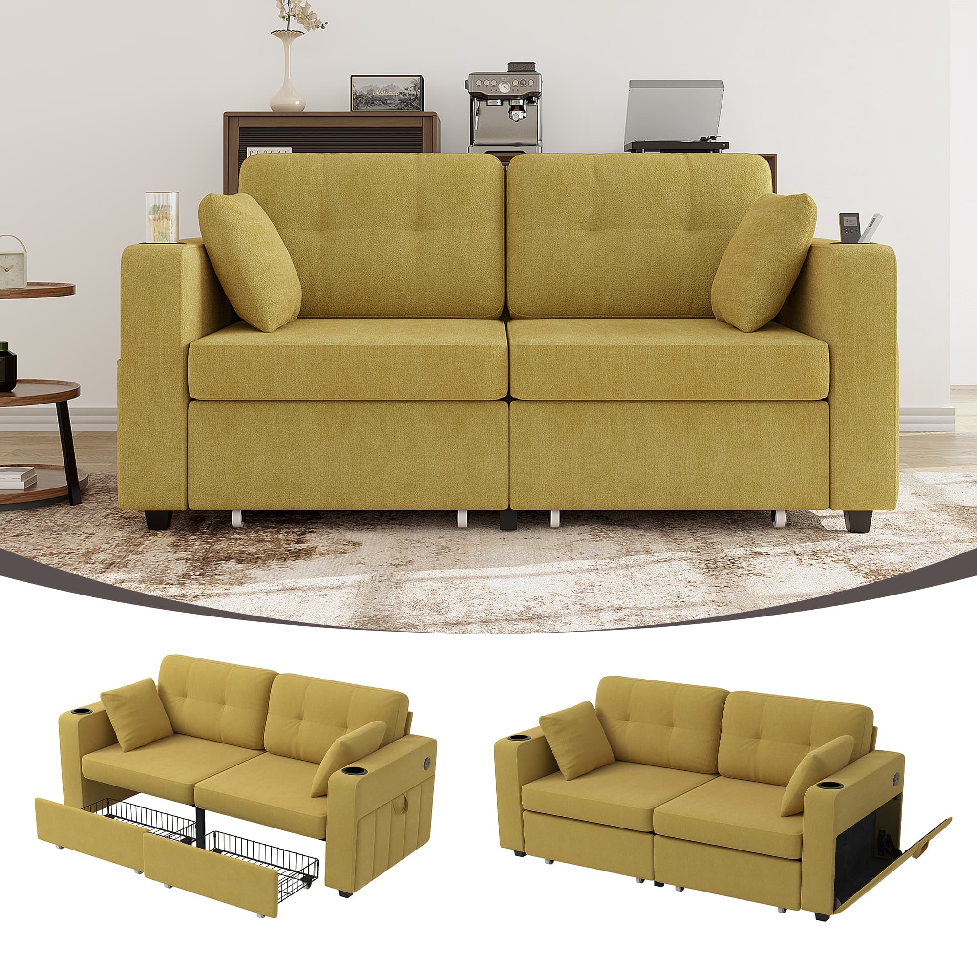 Sofas For Living Room, Couch Set,3 Seats Sofa, USB Charging,Wood Frame,Easy To Install,with Storage, Charging Station,Cup Holder,Modern Sectional Sofas For Living Room, Apartment,Chenille Fabric 3