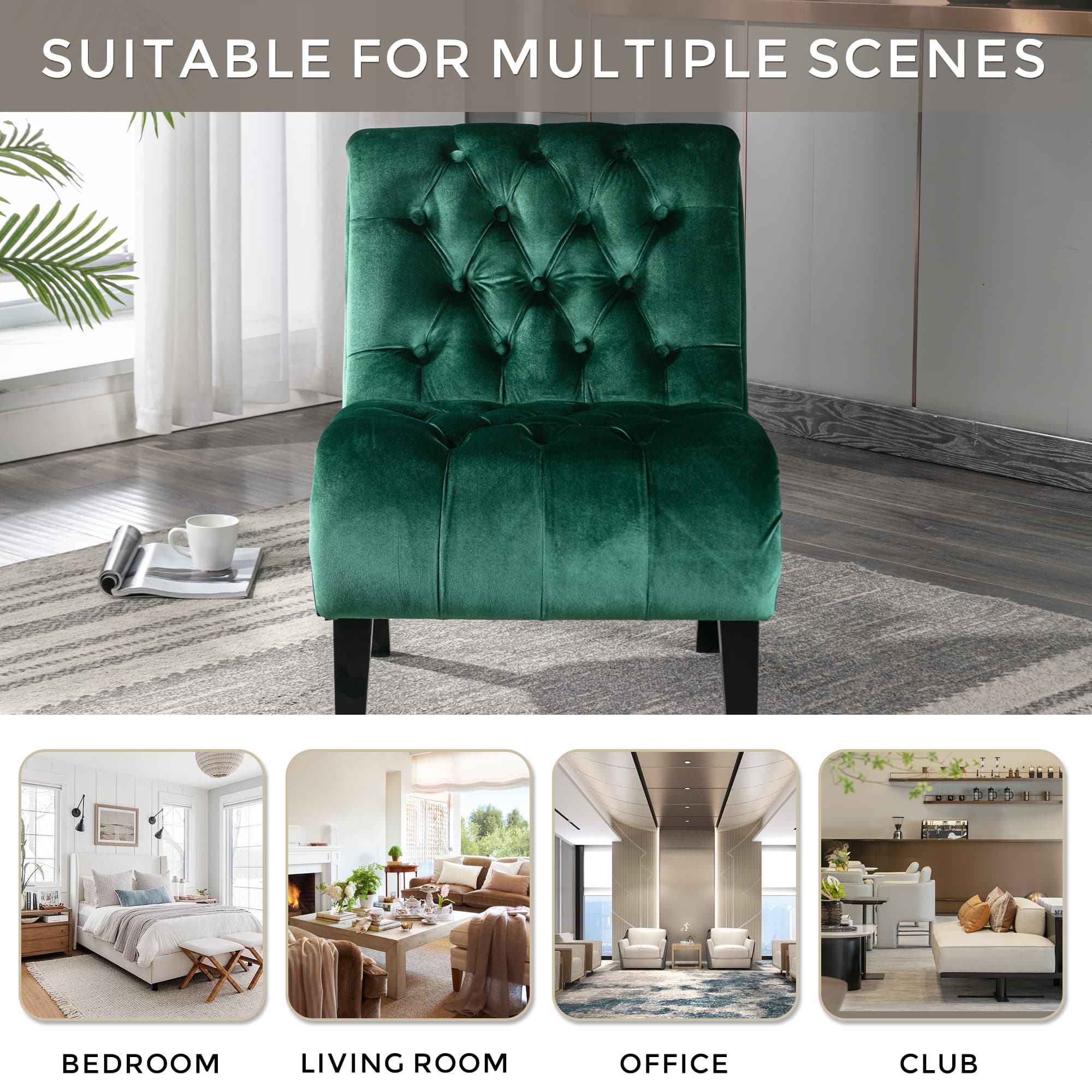 COOLMORE Modern Velvet Armless Accent Living Room Chair Leisure Chair,Upholstered Fabric Button Comfortable Chair With Wooden Legs For Bedroom, Living Room, Office Green Velvet 4