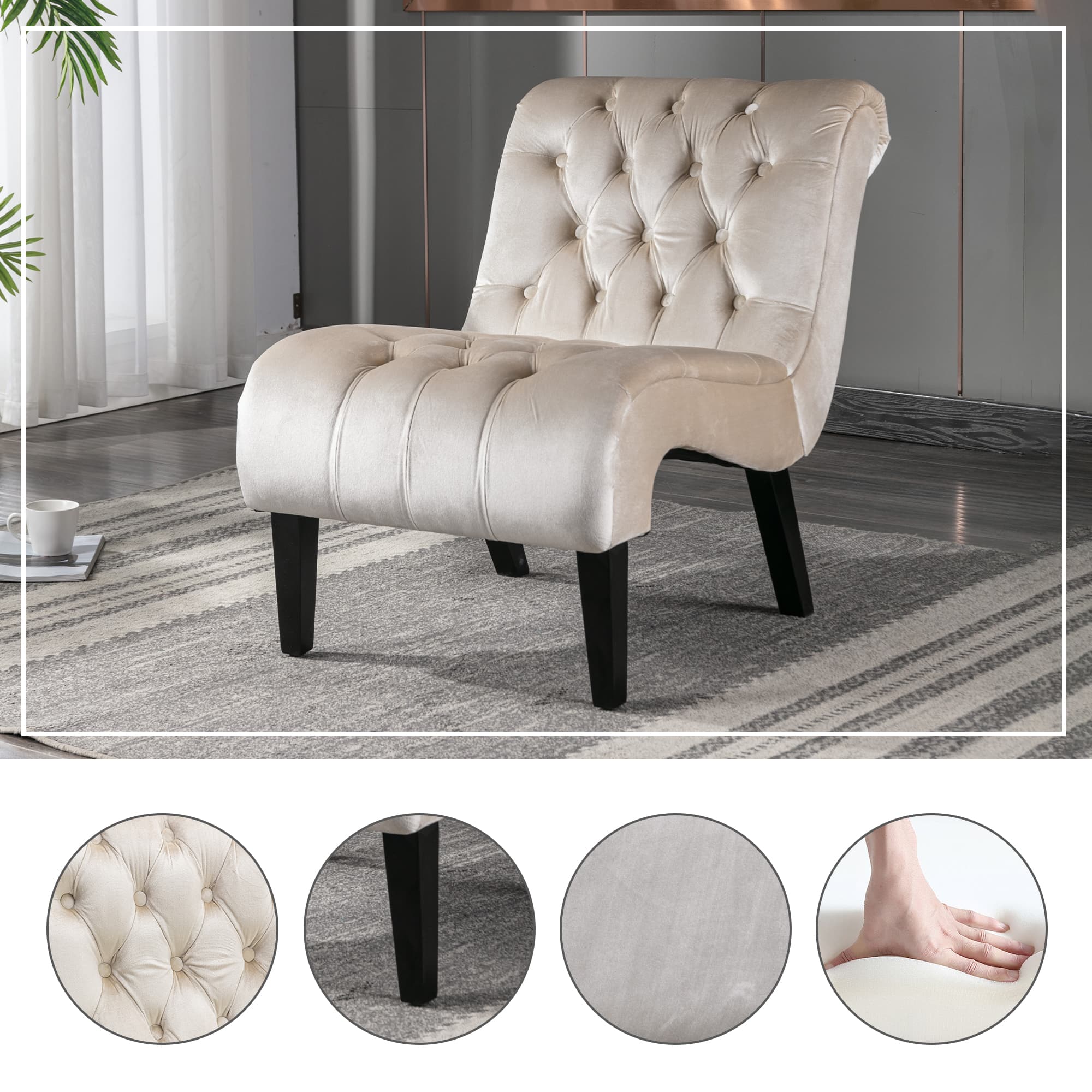 COOLMORE Modern Velvet Armless Accent Living Room Chair Leisure Chair,Upholstered Fabric Button Comfortable Chair With Wooden Legs For Bedroom, Living Room, Office Beige Velvet 4