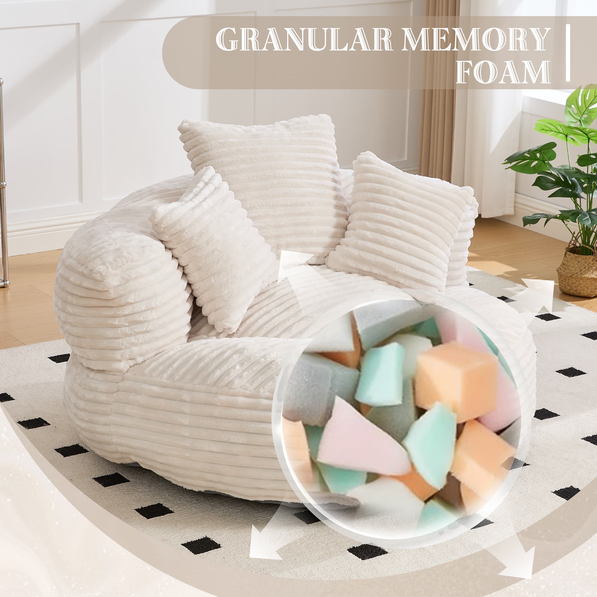 Bean Bag Chairs, Bean Bag Sofa For Adults, Kids,Oversized Corduroy Bean Bag Chair With 3 Pillows & Armrest,Beanbag Chair & Lazy Sofa With Foam Filler For Bedroom Living Room Dorm 5