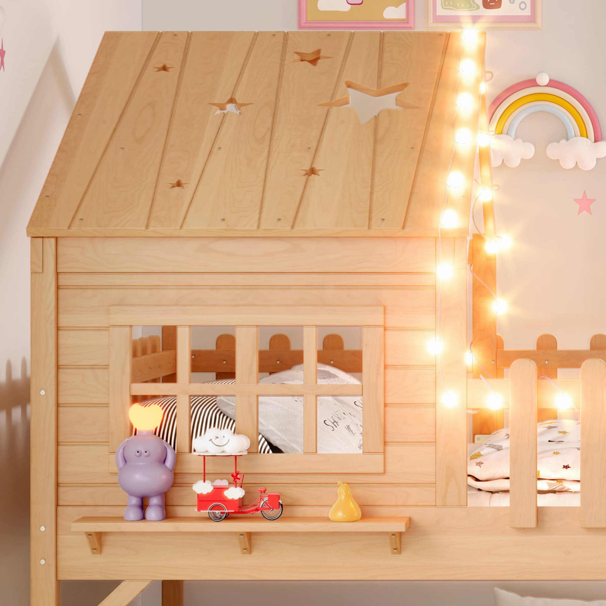 Full Size House Loft Bed With Slide,Playhouse Bed With Star-shaped Designs And Window, Chic Design With LED Lights,No Box Spring Needed,Natural 5