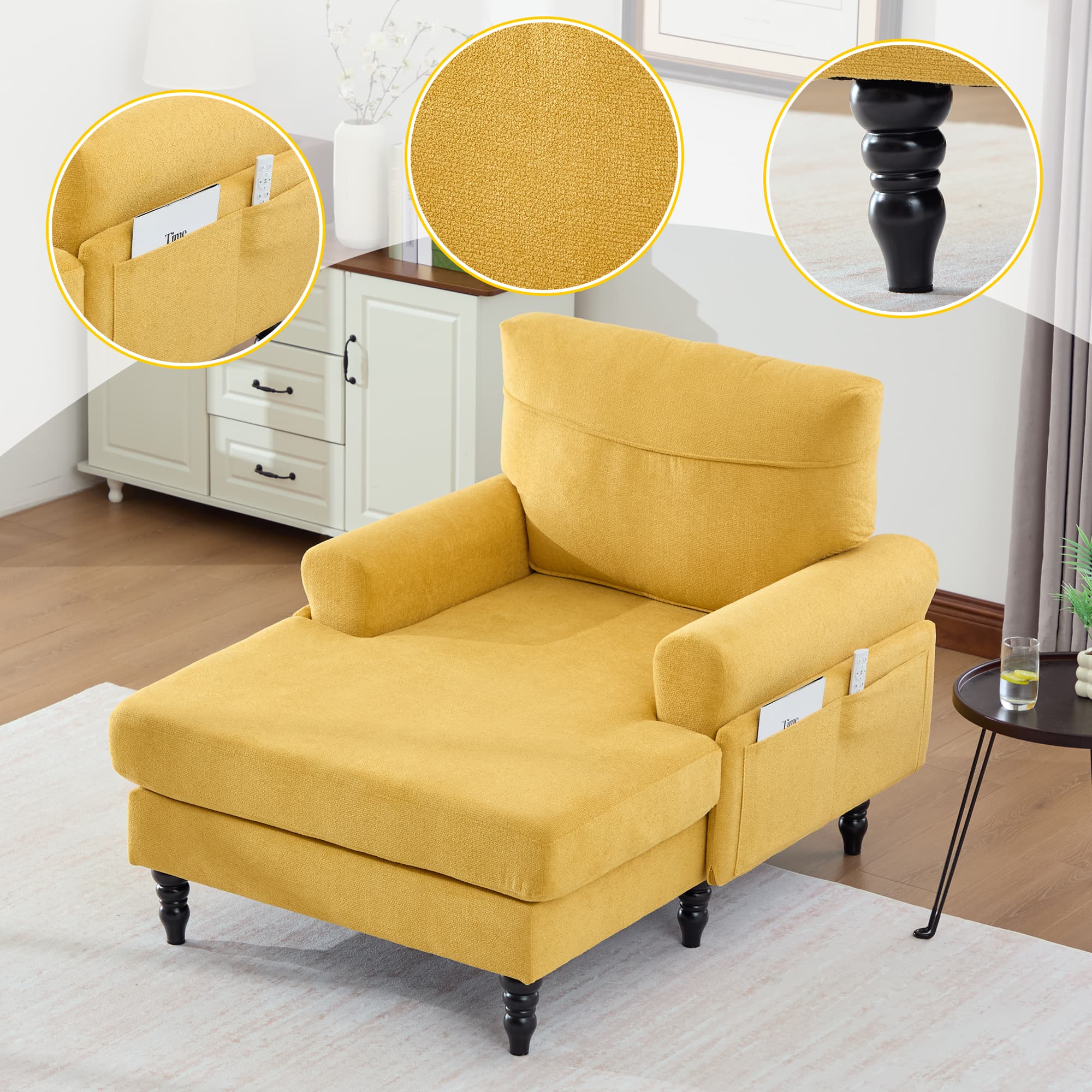 Modern Minimalist Chenille Fabric Chaise Lounge Recliner Single Sofa Living Room Bedroom Rest Chair Wooden Sofa Legs With Comfortable Backrest And Armrests Side Pockets For Storage Suitable For Office 2