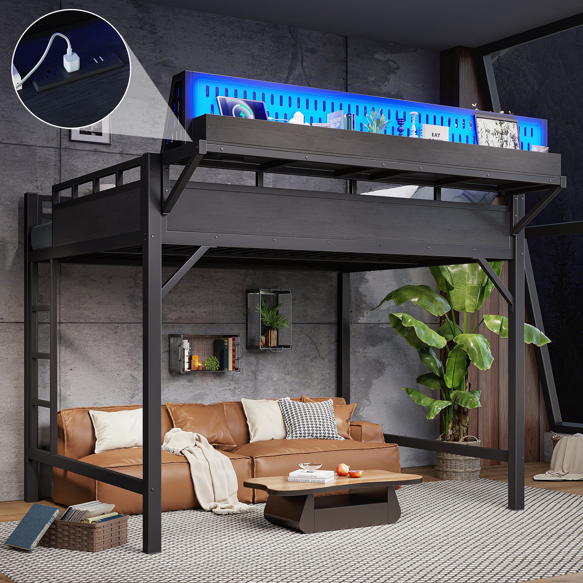 Queen Size Loft Bed Frame With Storage Shelves And Pegboard, Metal Loft Bed With USB Ports And LED Lights, Safe And Sturdy, Black 2