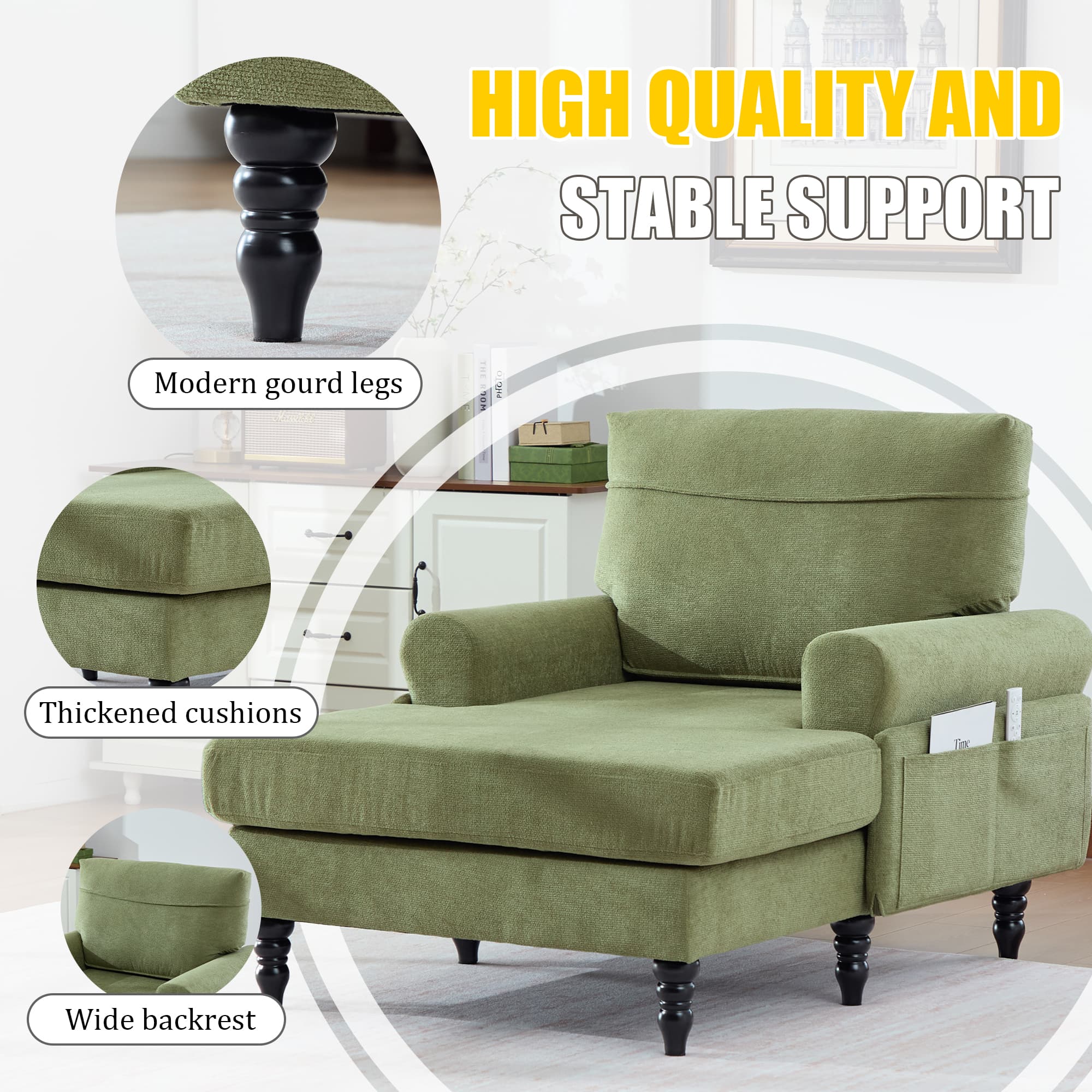 Modern Minimalist Chenille Fabric Chaise Lounge Recliner Single Sofa Living Room Bedroom Rest Chair Wooden Sofa Legs With Comfortable Backrest And Armrests Side Pockets For Storage Suitable For Office 4