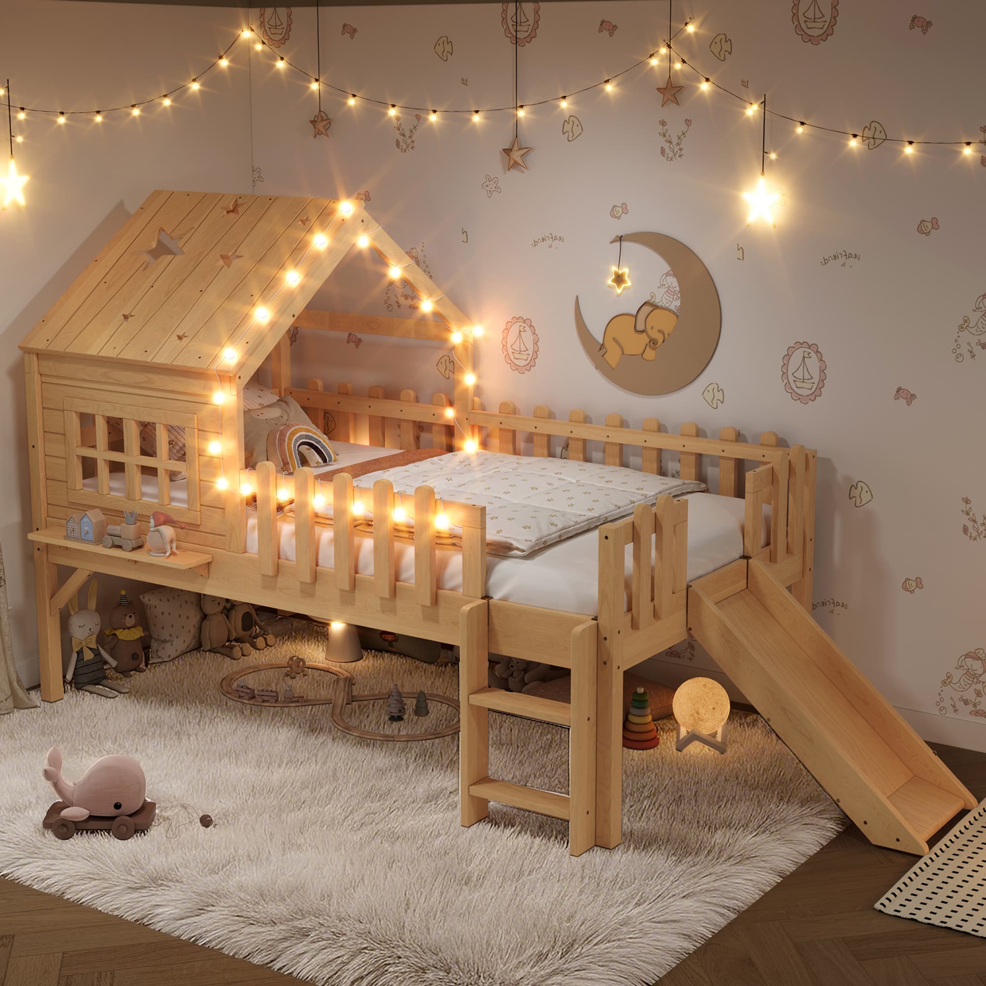 Twin Size House Loft Bed With Slide,Playhouse Bed With Star-shaped Designs And Window, Chic Design With LED Lights,No Box Spring Needed,Natural 2