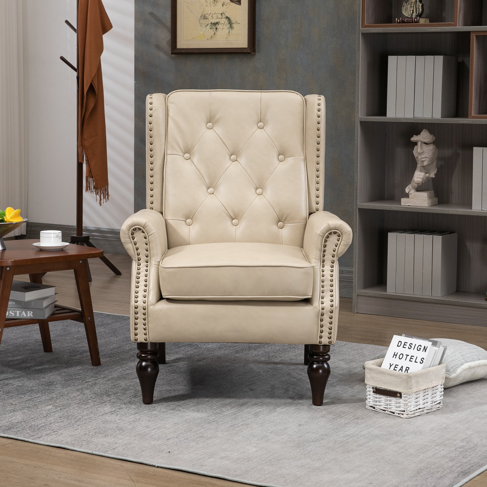 Wood Frame Armchair, Modern Accent Chair Lounge Chair With Sturdy Wood Legs For Living Room Bedroom PU 2