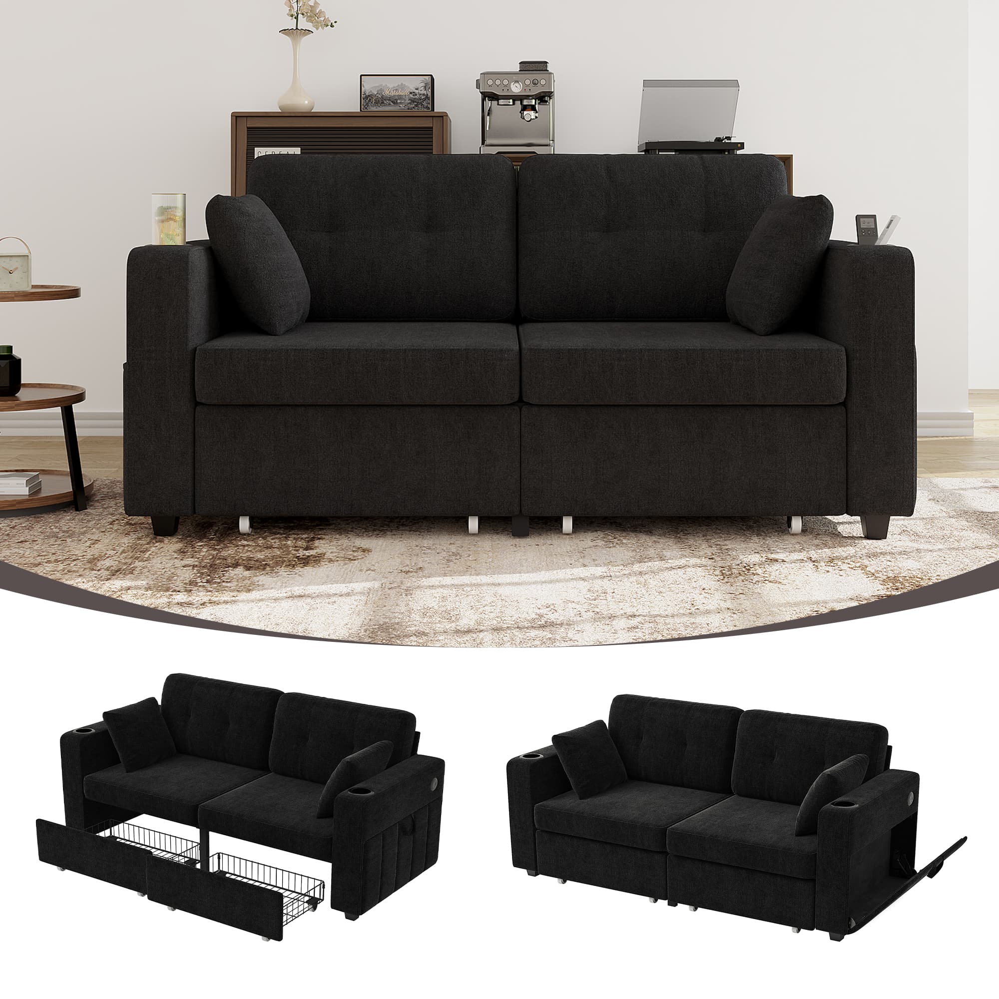 Sofas For Living Room, Couch Set,3 Seats Sofa, USB Charging,Wood Frame,Easy To Install,with Storage, Charging Station,Cup Holder,Modern Sectional Sofas For Living Room, Apartment,Chenille Fabric 3