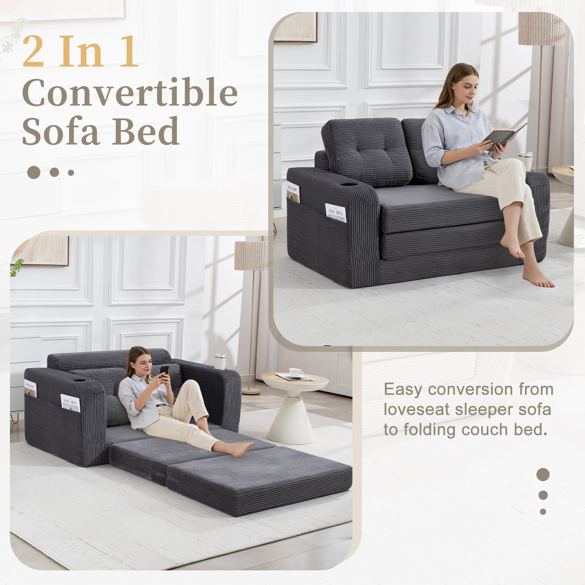 Convertible Sofa Bed,Expandable Double Sofa Bed, 2 In 1 Convertible Sofa Bed, Fold Out Floor Couch With Pillows For Living Room Bedroom Lounge 4