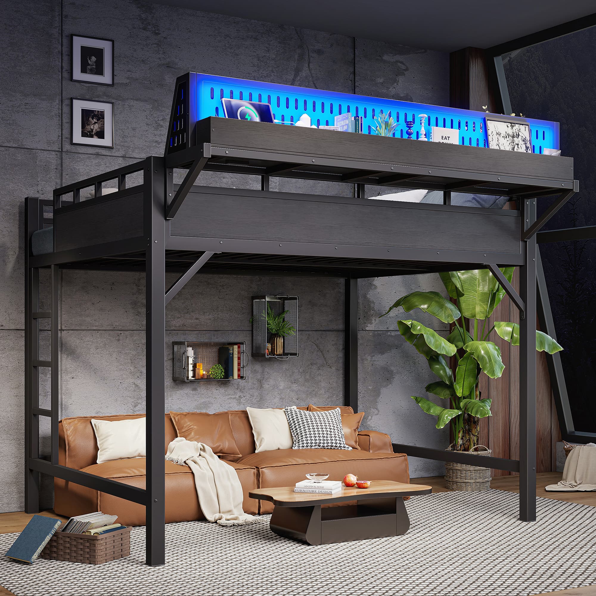 Queen Size Loft Bed Frame With Storage Shelves And Pegboard, Metal Loft Bed With USB Ports And LED Lights, Safe And Sturdy, Black 5