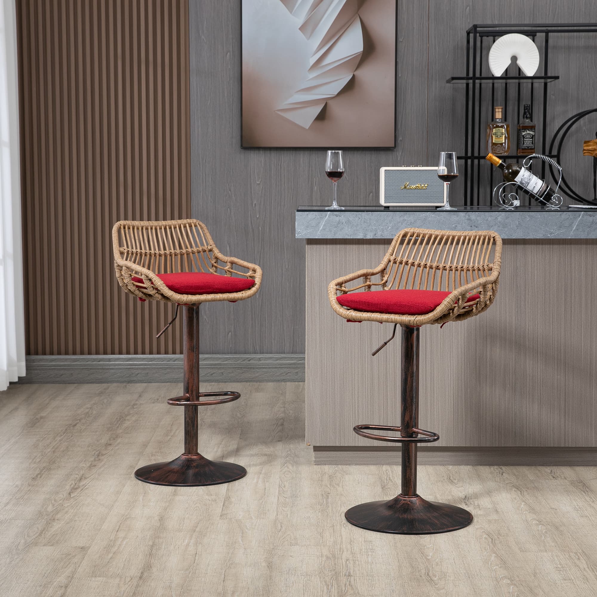Modern Swivel Bar Stools Set Of 2 Adjustable Counter Height Chairs With Footrest For Kitchen, Dining Room Red 5