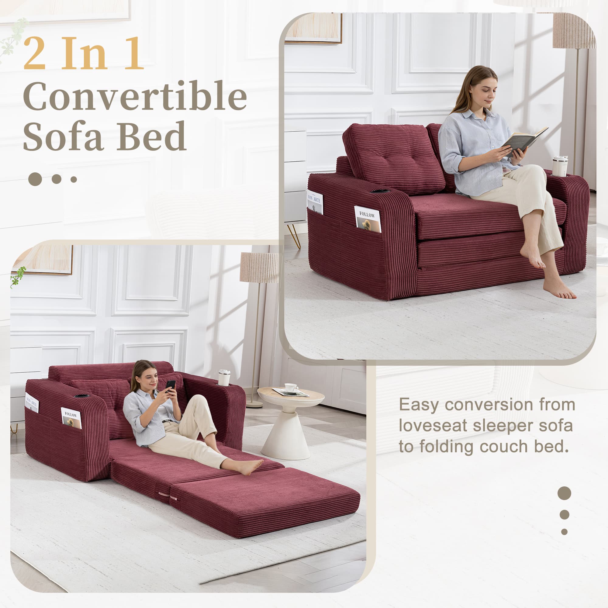 Convertible Sofa Bed,Expandable Double Sofa Bed, 2 In 1 Convertible Sofa Bed, Fold Out Floor Couch With Pillows For Living Room Bedroom Lounge 5