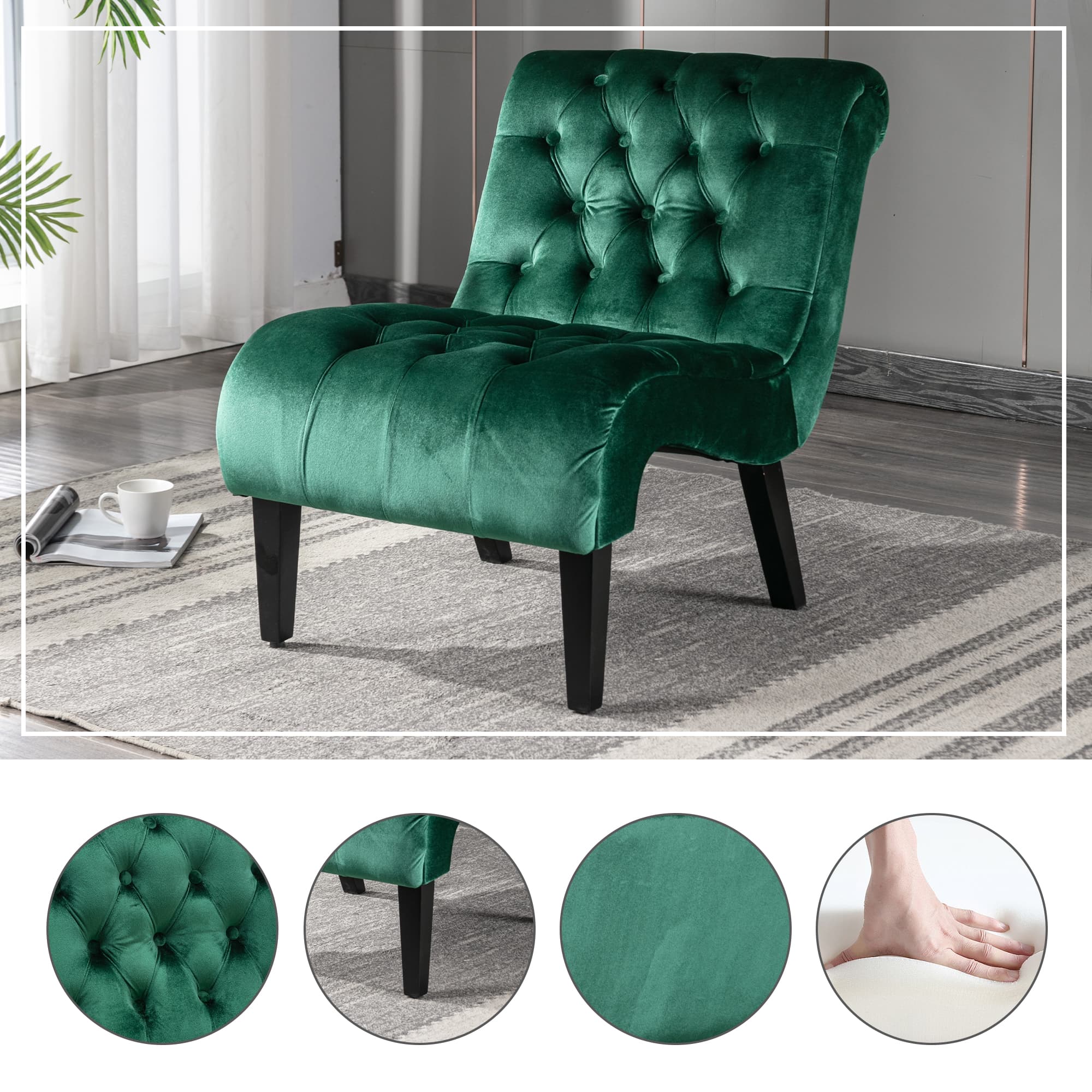 COOLMORE Modern Velvet Armless Accent Living Room Chair Leisure Chair,Upholstered Fabric Button Comfortable Chair With Wooden Legs For Bedroom, Living Room, Office Green Velvet 2