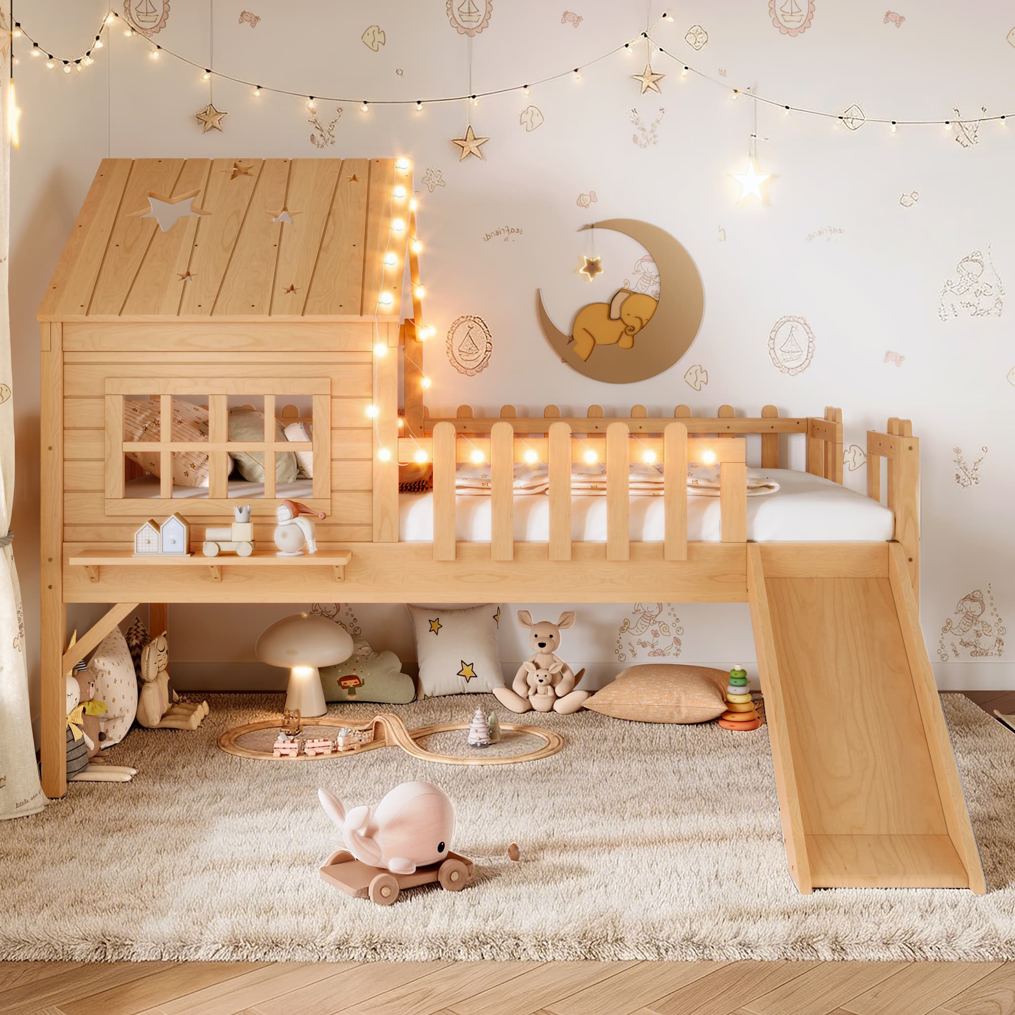 Twin Size House Loft Bed With Slide,Playhouse Bed With Star-shaped Designs And Window, Chic Design With LED Lights,No Box Spring Needed,Natural 4