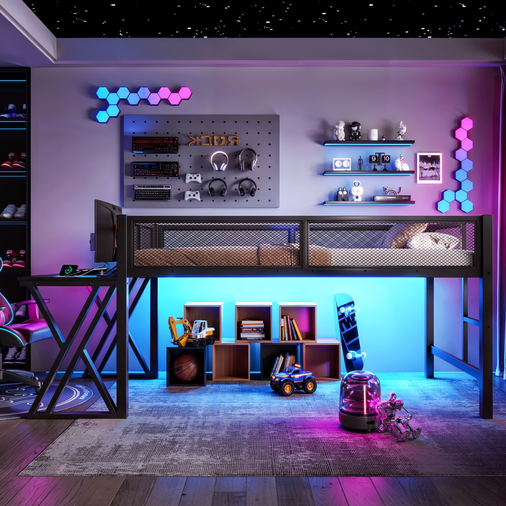 Twin XL Size Gaming Loft Bed With Desk Of X-shaped Leg ,LED Lights, USB Ports, Staircase & Mesh Guardrail - Black Metal Frame, Space-Saving Elevated Bed For Dorms, Bedrooms, & Gaming Setups 5