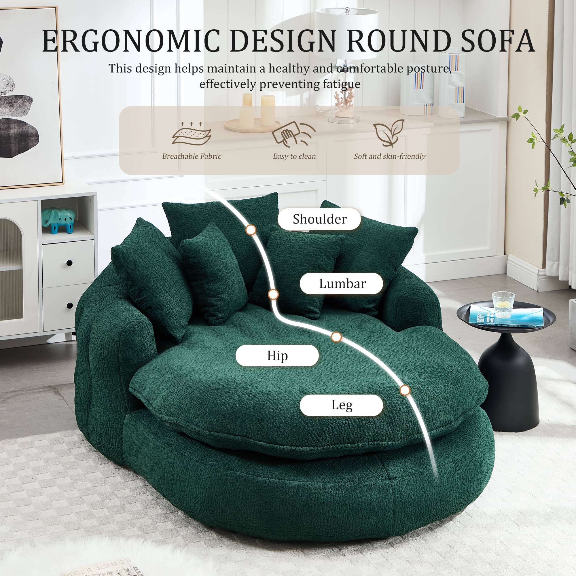 Oversized Oval Upholstered Bean Bag Sofa, Lazy Sofa With 3 Large Pillows And 2 Small Pillows, Wrap Around Backrest For Adults, Chenille Fabric Lazy Floor Bean Bag Sofa 2