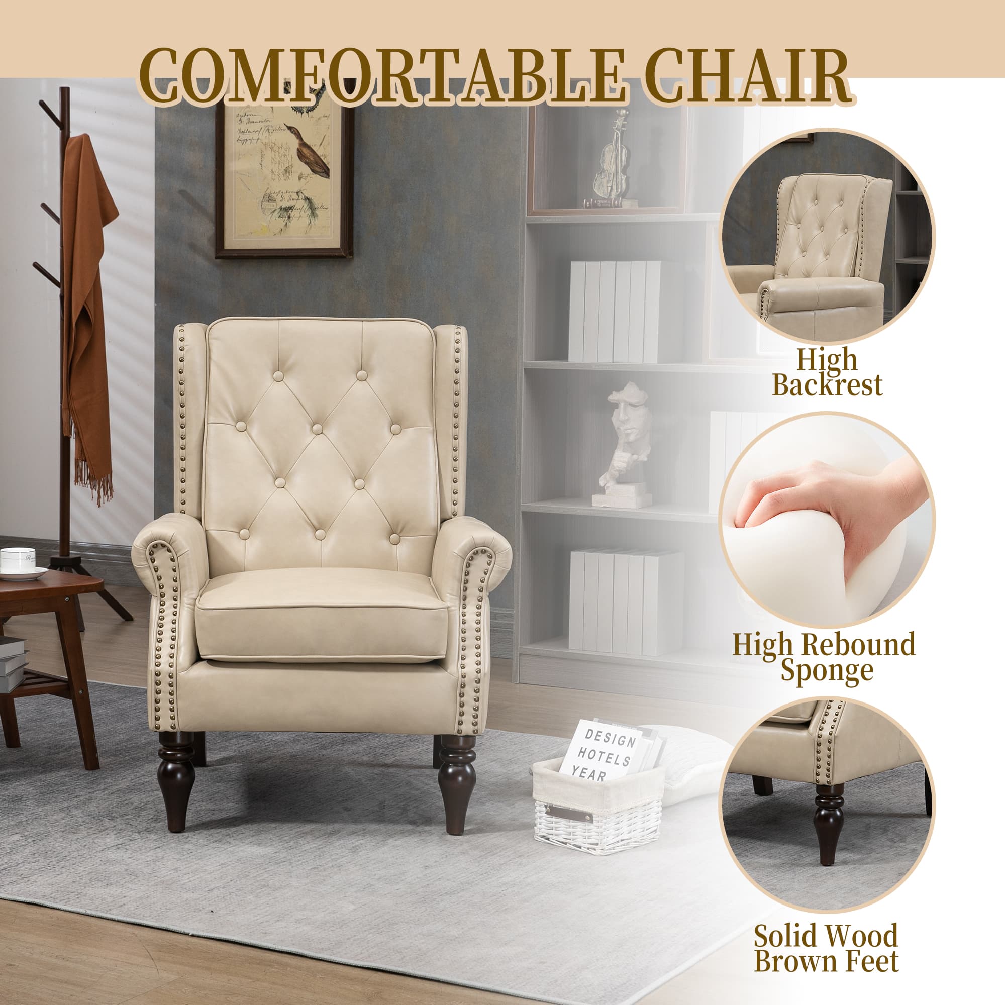 Wood Frame Armchair, Modern Accent Chair Lounge Chair With Sturdy Wood Legs For Living Room Bedroom PU 5