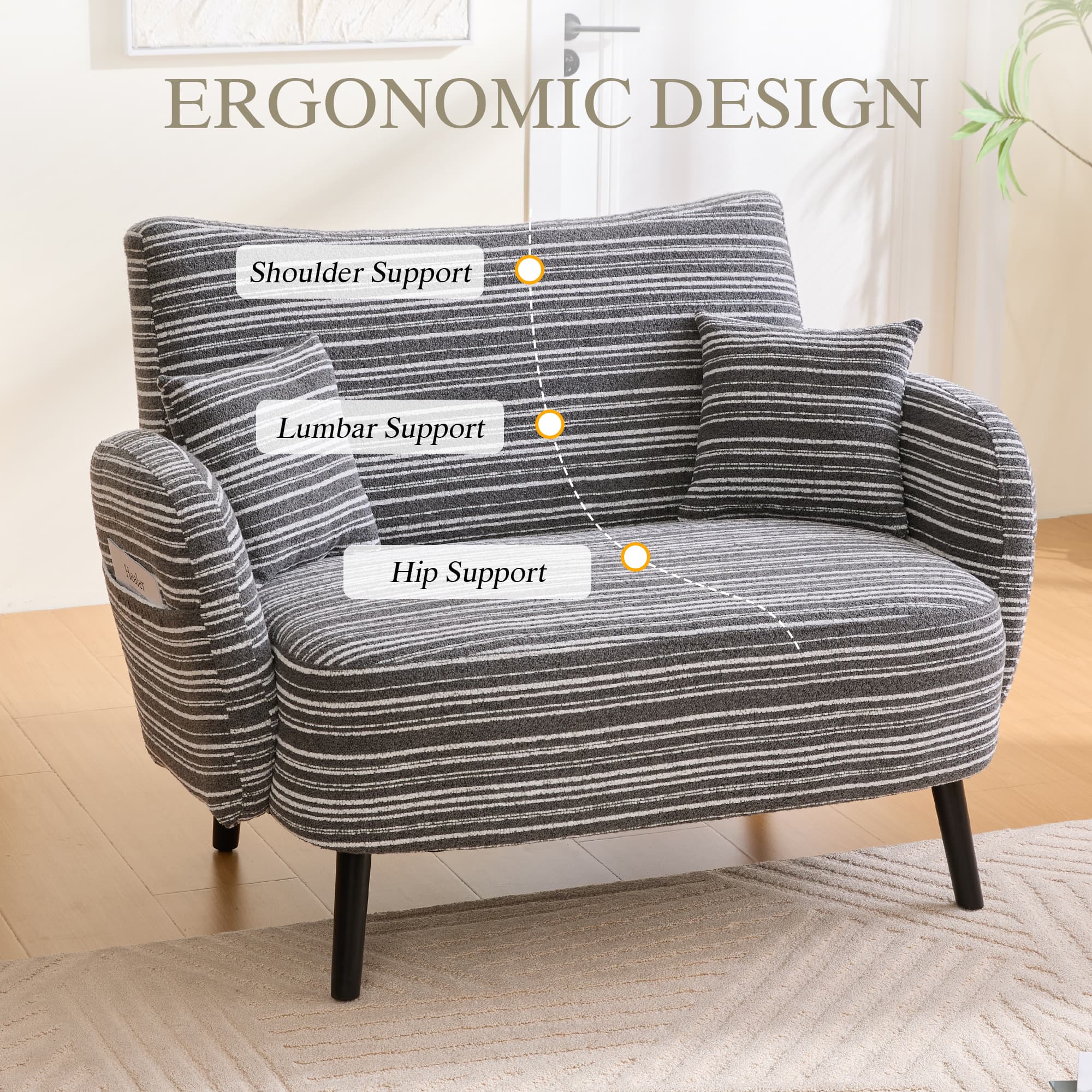Modern Style Two-seater Sofa With Ultra-comfortable Armrests, Armrest Pillows, And Storage Pockets, Deep-seated Two-seater Sofa, Comfortable Modern Sofa For Bedroom, Small Spaces, Apartments, And Offi 3