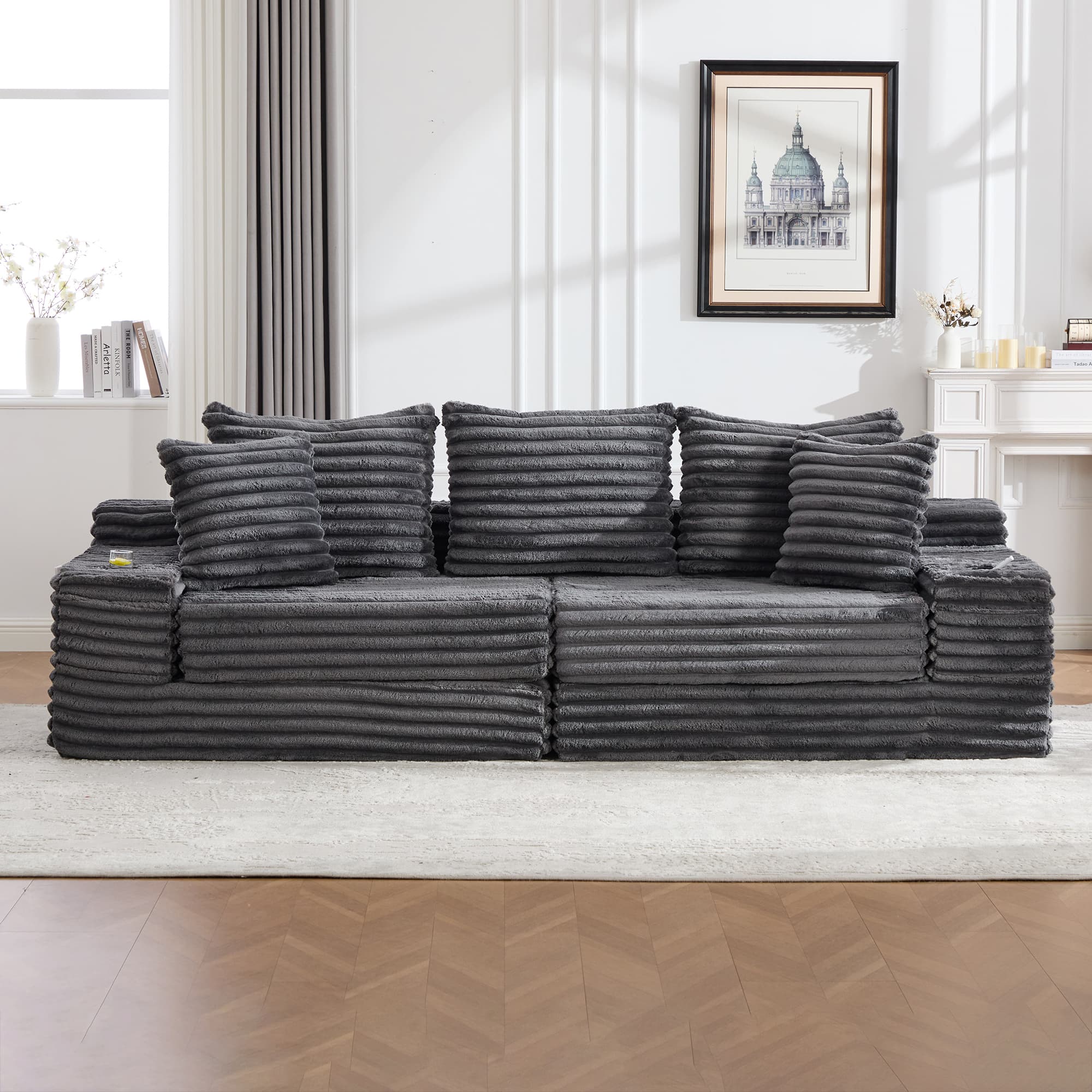 Oversized Boneless Four Seats Sofa With Cup Holder And Side Pockets, Upholstered Corduroy Sofa Bed Cloud Couch With 3 Pillows, 2 Lumbar Pillows.Living Room, Bedroom,No Assembly ,Breathable Material 2