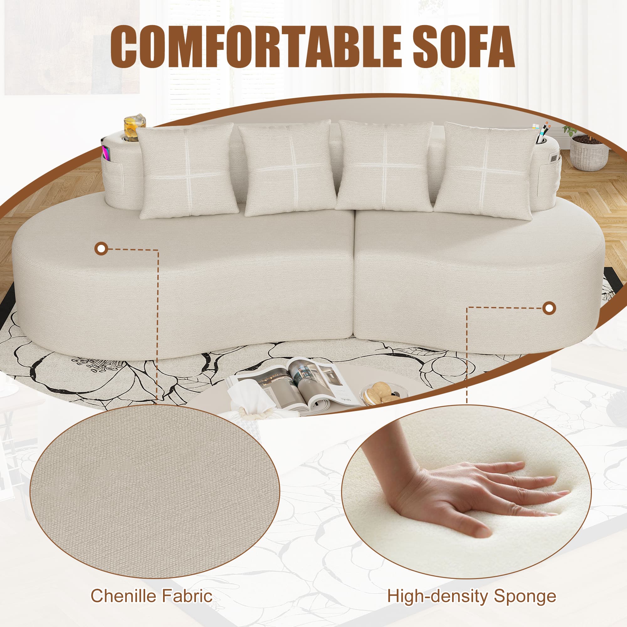 Modern Curved Sectional 3 Seat Minimalist Elegant Half Moon Sofa Compressed Modular Sectional Sofa For Living Room, Office, Apartment 5