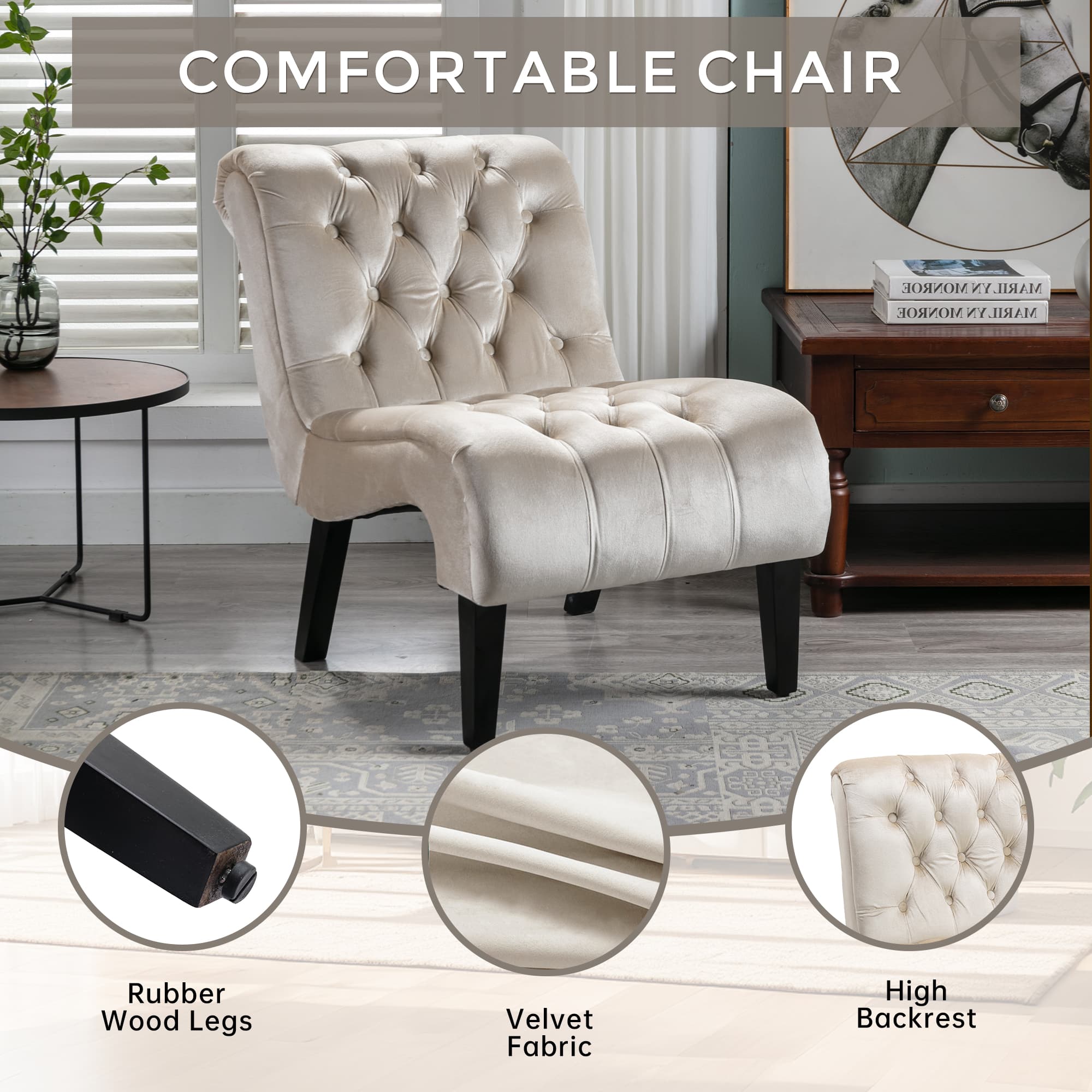 COOLMORE Modern Velvet Armless Accent Living Room Chair Leisure Chair,Upholstered Fabric Button Comfortable Chair With Wooden Legs For Bedroom, Living Room, Office Beige Velvet 2