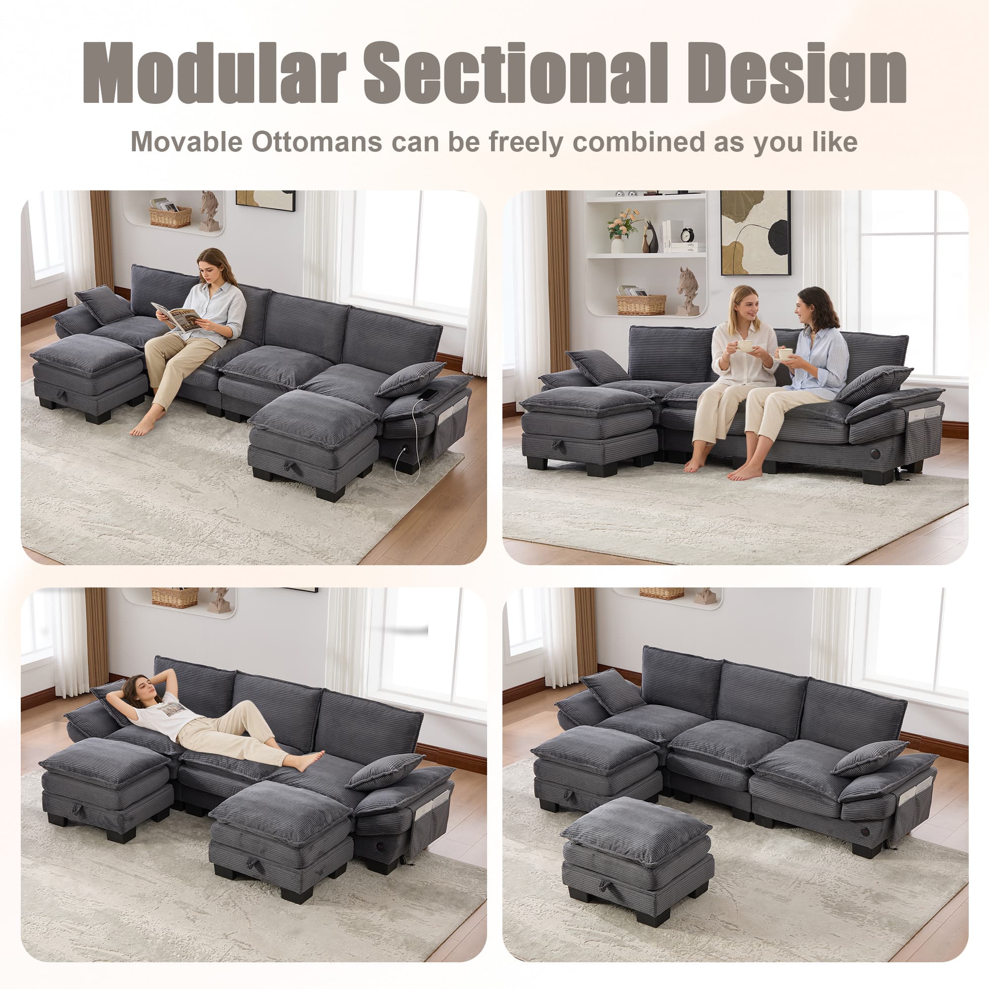 Sectional Cloud Modular Sofa,Deep Seat Sofa, Corduroy Sofa,Comfy Upholstered Furniture For Living Room, Apartment, Studio, Office,Having Multiple Combinations 4