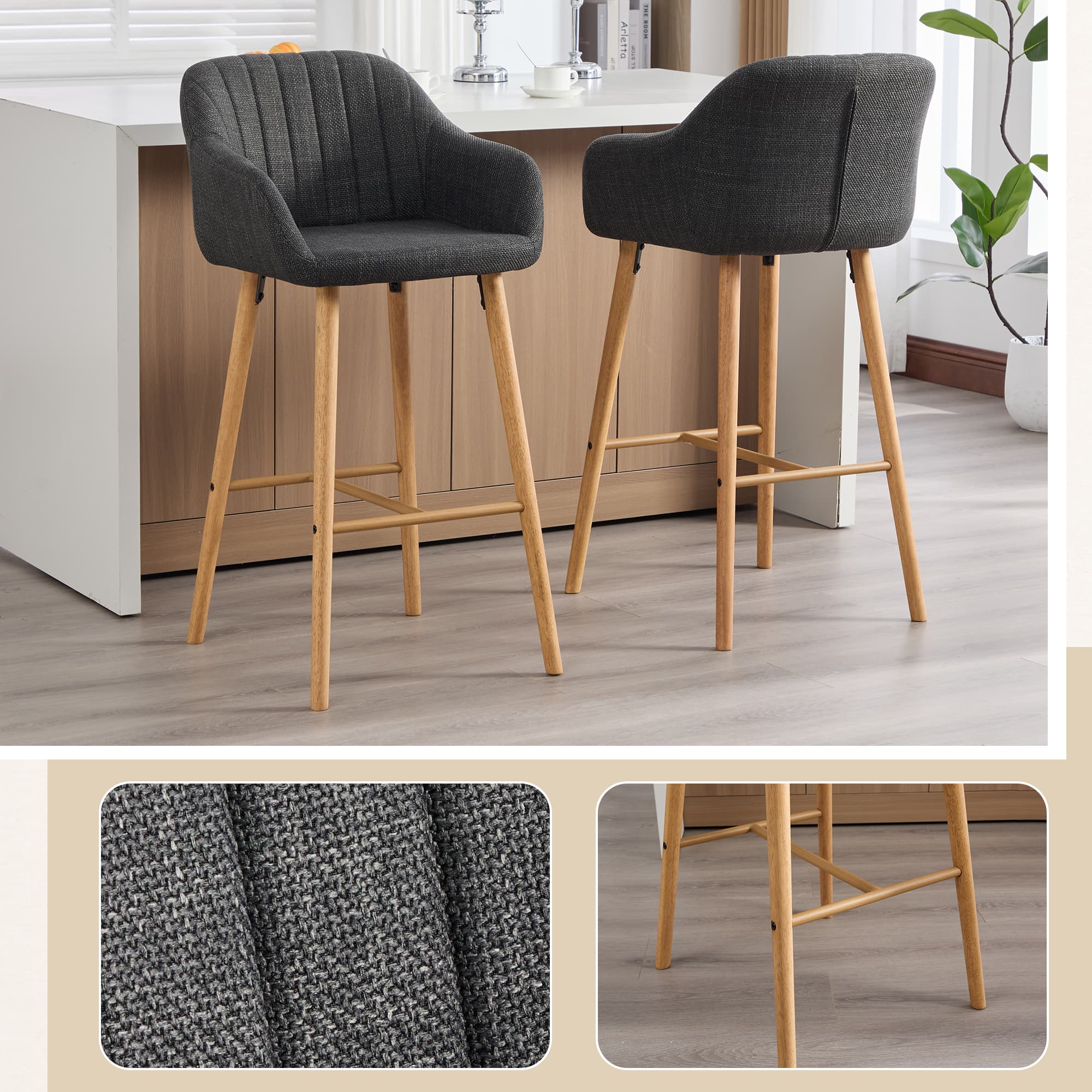 Modern Bar Stools Set Of 2, Kitchen Island Tall Chairs With Back, Arm, Footrest And Solid Wood Leg, Linen Fabric Upholstered Bar Stools 4