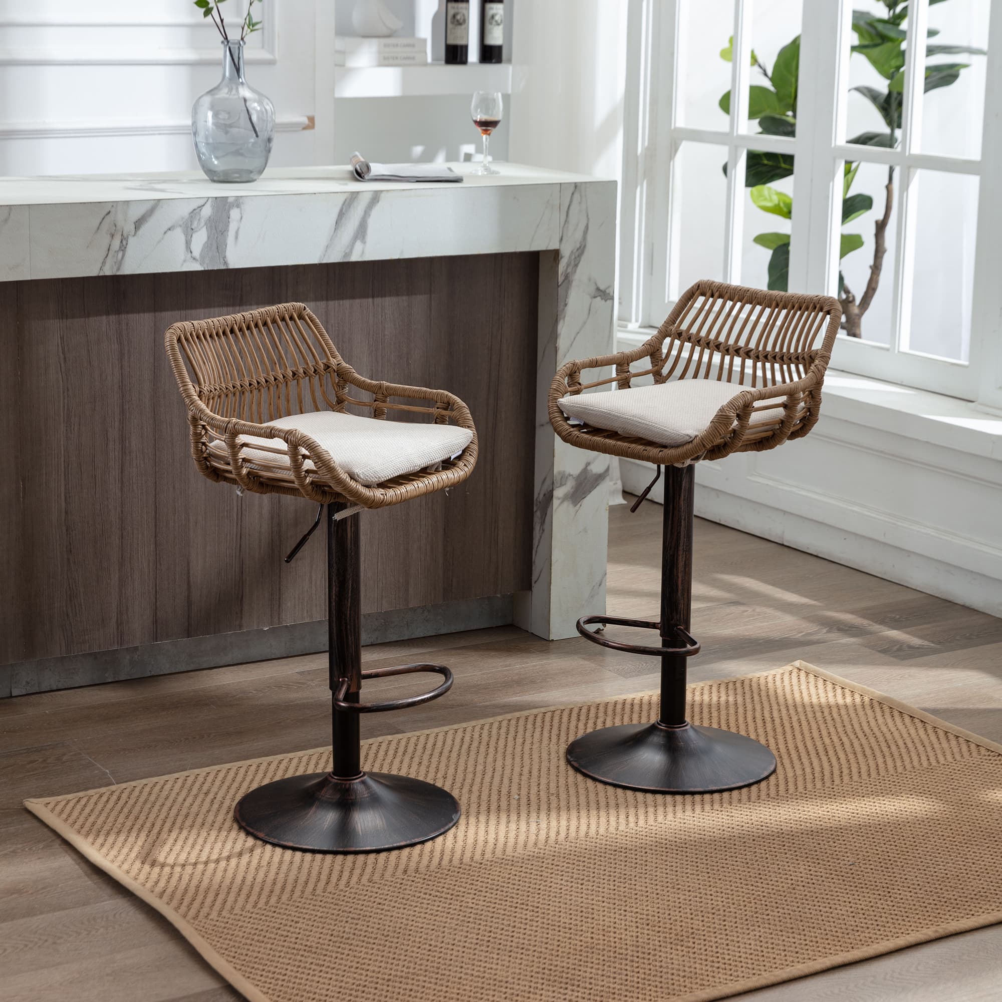 Modern Swivel Bar Stools Set Of 2 Adjustable Counter Height Chairs With Footrest For Kitchen, Dining Room Beige 5