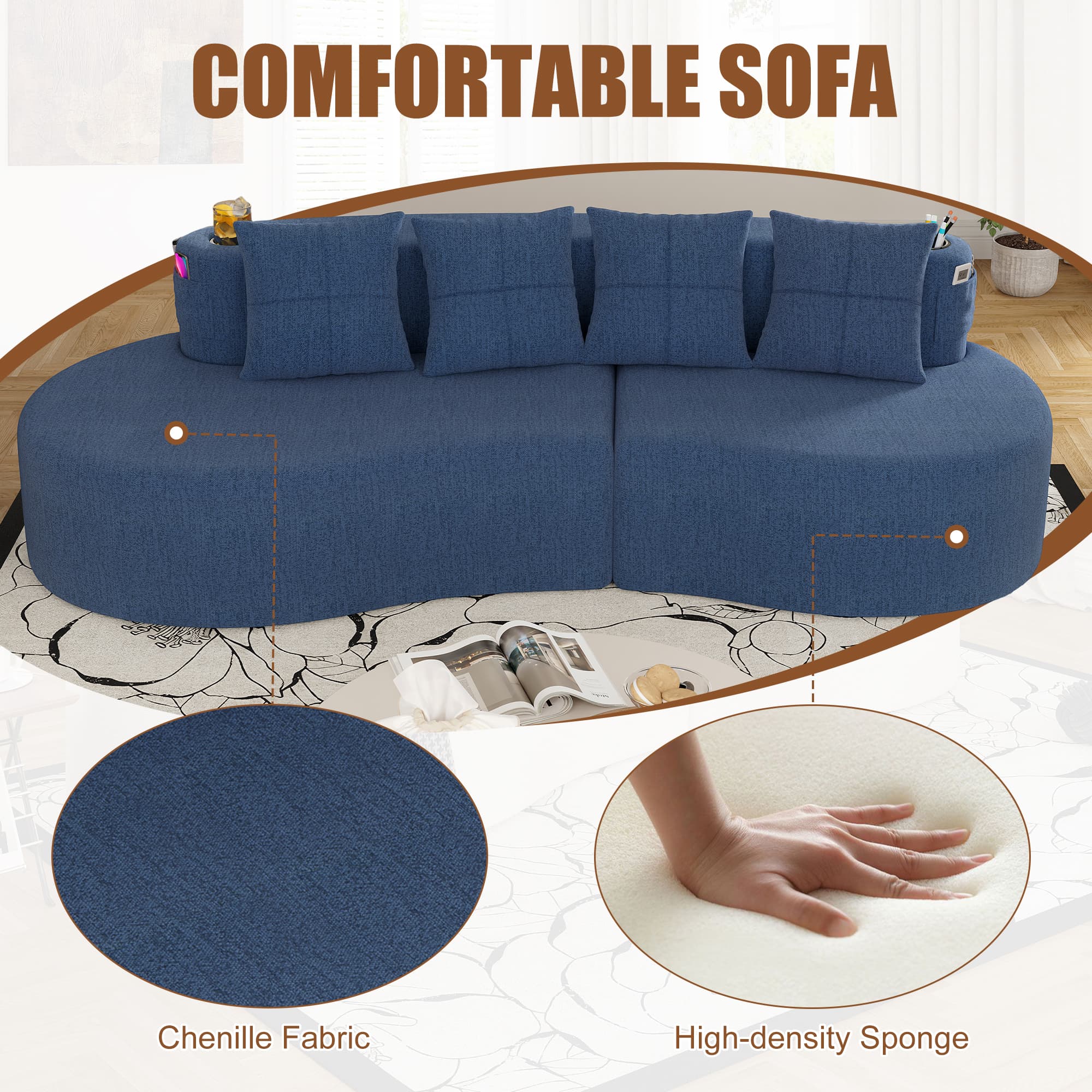 Modern Curved Sectional 3 Seat Minimalist Elegant Half Moon Sofa Compressed Modular Sectional Sofa For Living Room, Office, Apartment 4