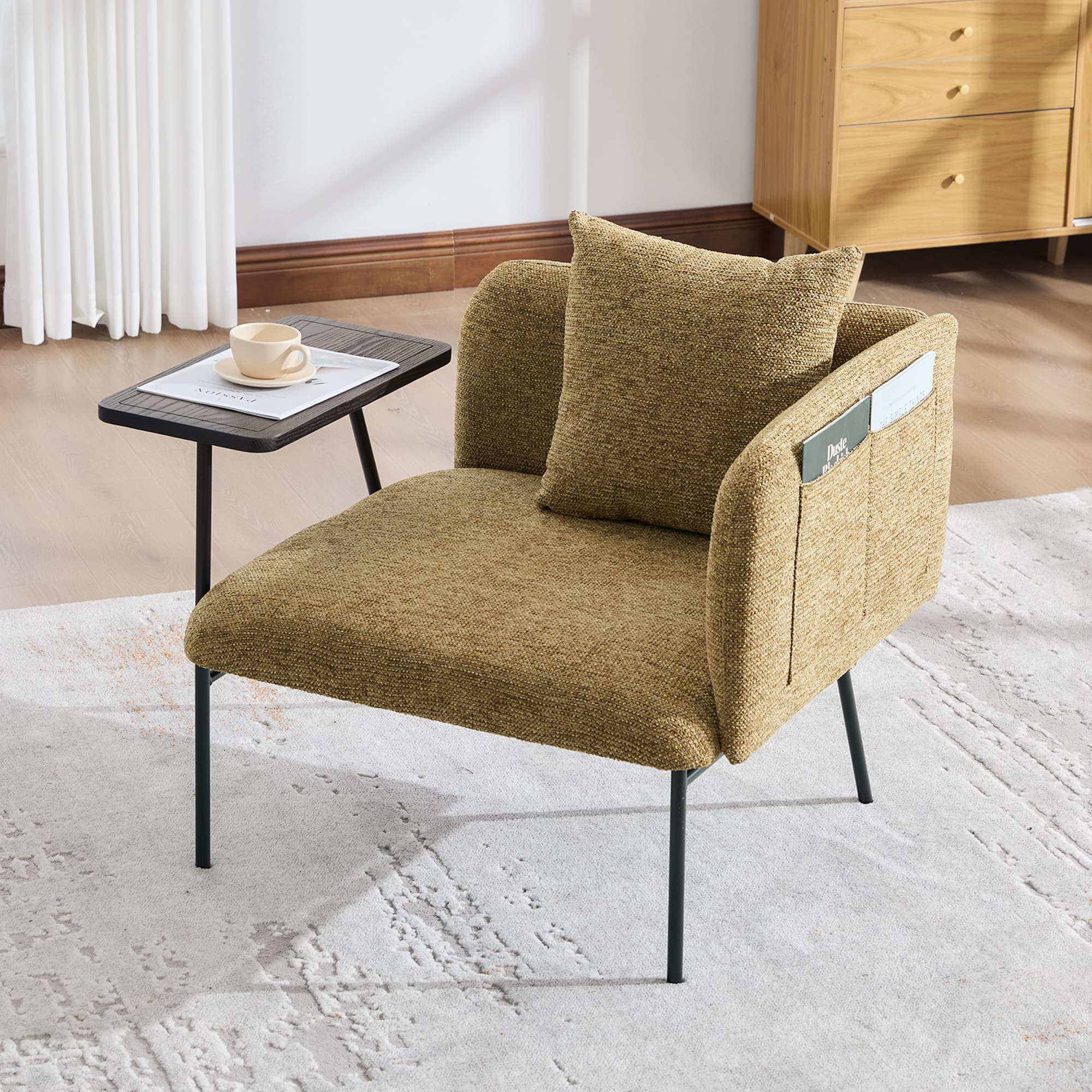 Leisure Chair, Lounge Relaxing Chair With Small Table And Back Pillow, Modern Upholstered Chairs With Metal Legs And Side Pockets , Single Sofa For Living Room Bedroom Garden 5