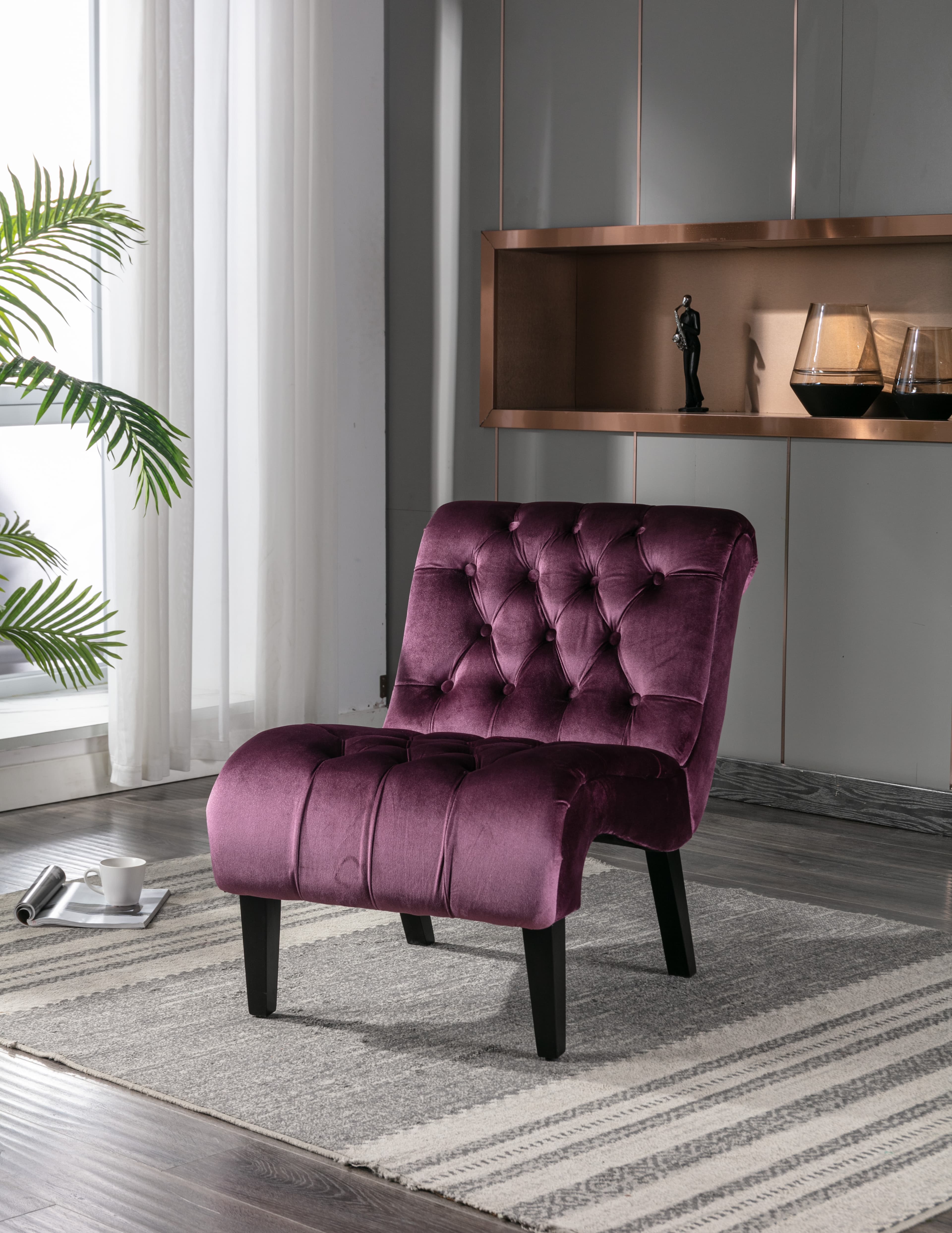 COOLMORE Modern Velvet Armless Accent Living Room Chair Leisure Chair,Upholstered Fabric Button Comfortable Chair With Wooden Legs For Bedroom, Living Room, Office Purple Velvet 2