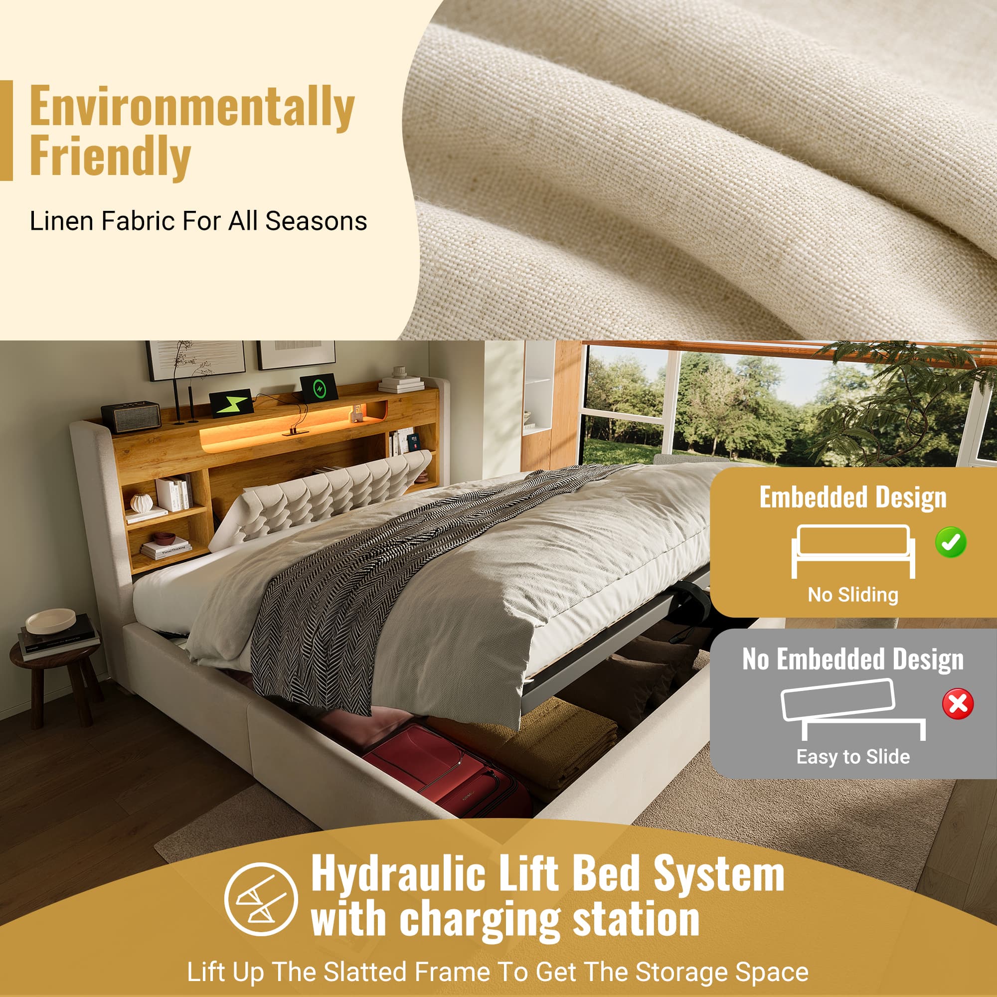4ft6 Double Bed With Hydraulic Storage, Upholstered Bed Frame With LED Lighting & Charging Station, Storage Headboard For Cellphones & Tablets, 135 X 190 Cm, Linen, Beige No Mattress 4
