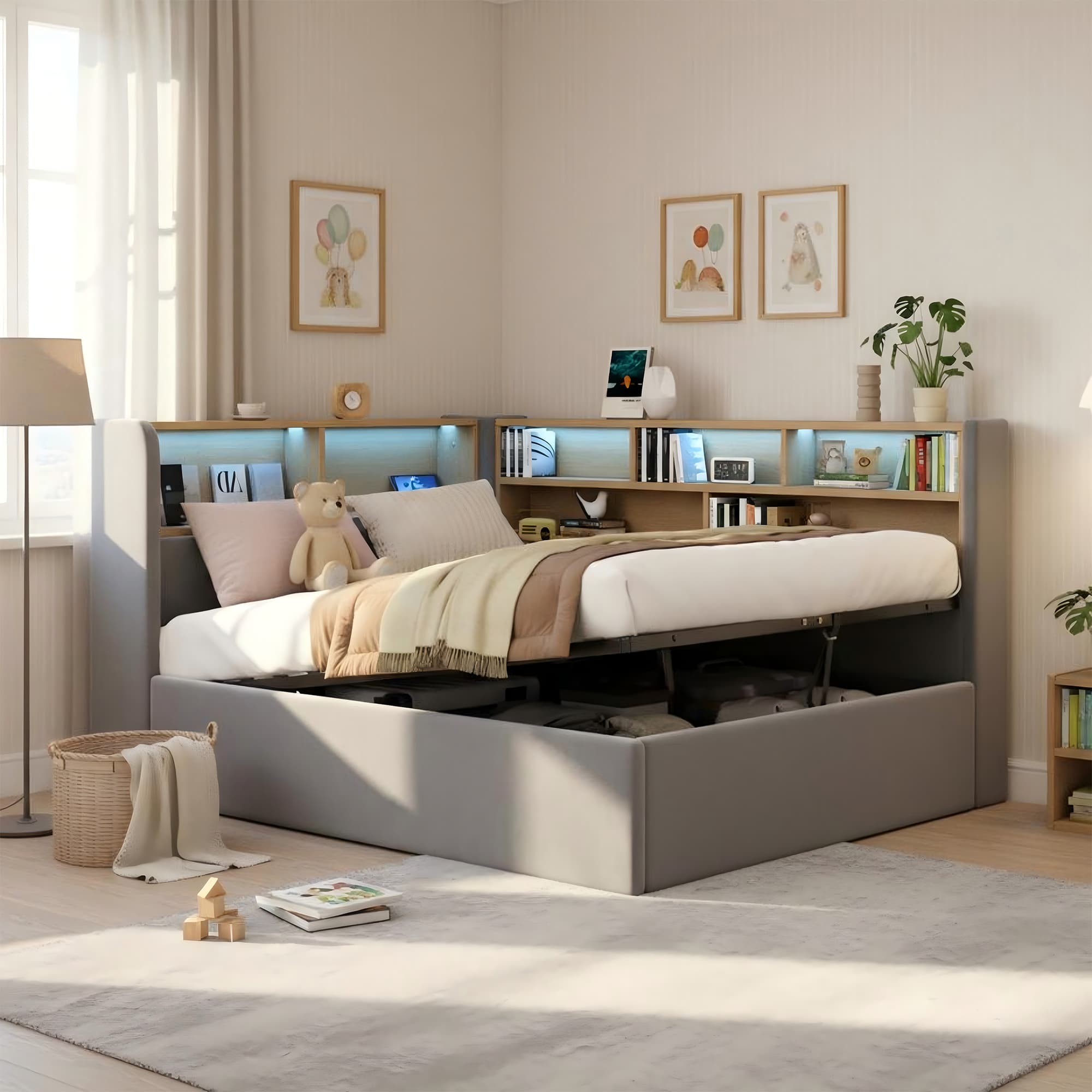 Daybed, L-shaped Upholstered With Storage Compartment, Sofa Bed With Storage, LED, USB Charging Port, 3FT Single Bed 90x190cm, Hydraulic Storage Bed Frame, Velvet, Grey 5