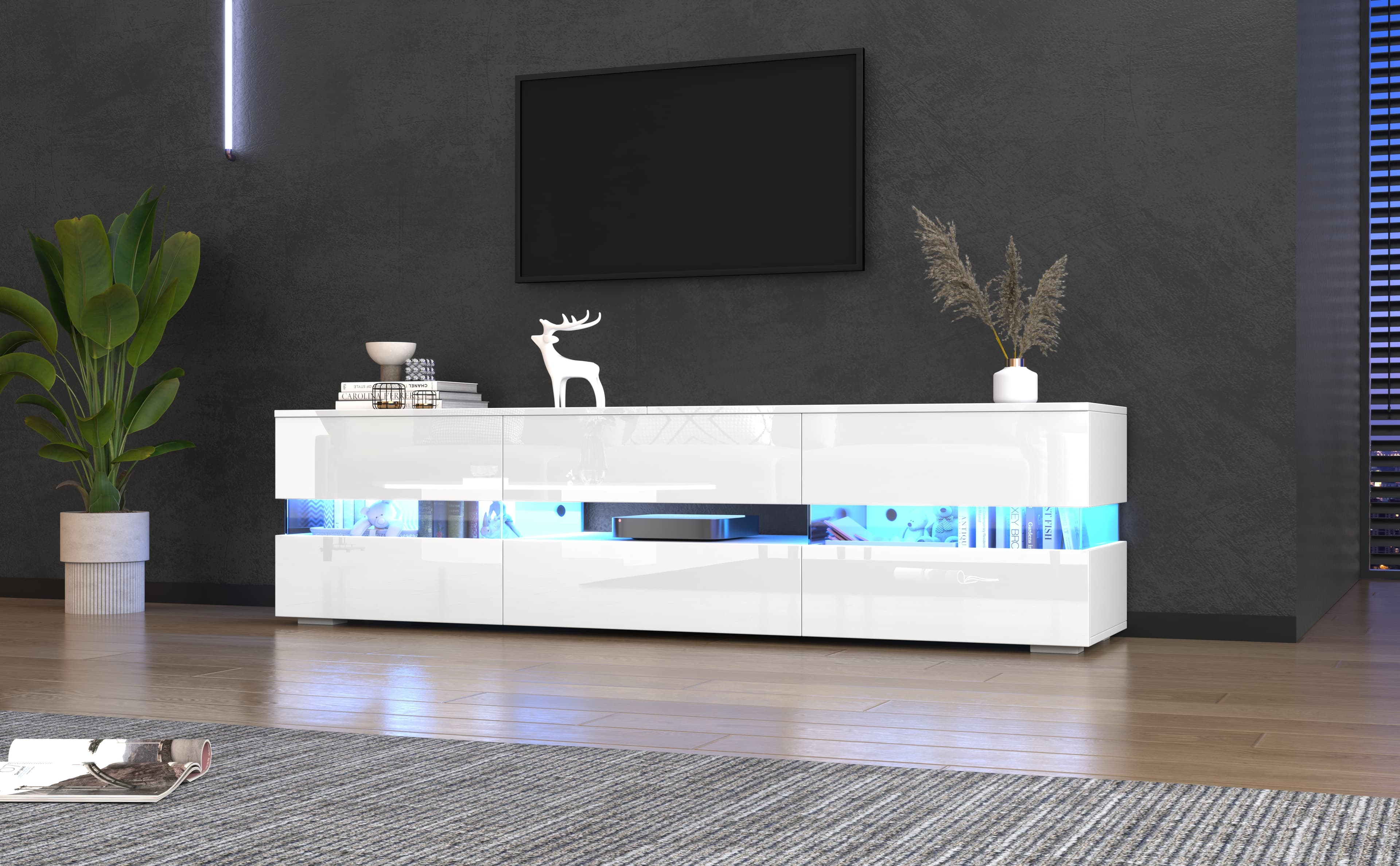 LED TV Stand Cabinet, High Gloss TV Stand Unit With LED Lights 160CM, TV Boards, TV Cabinet, Entertainment Center, TV Console Table,Media Console 3