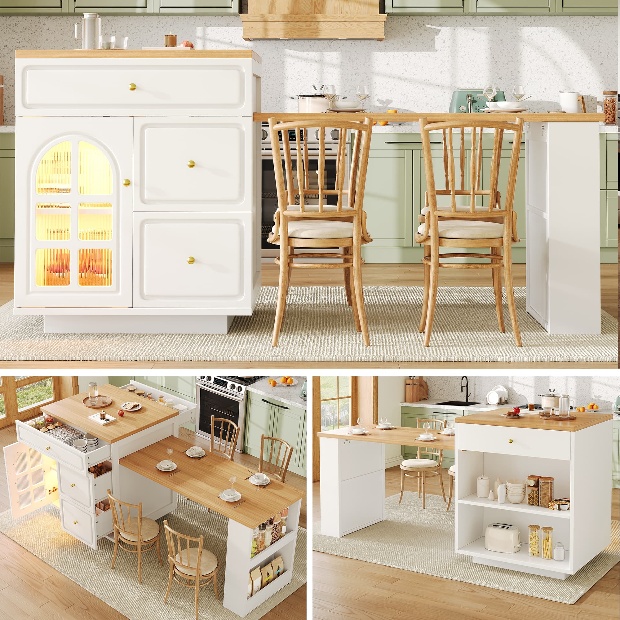 Extendable Bar Table With Storage 122.5-195.5x70x93.5cm , With Four Drawers And Curved Glass Door, Kitchen Island With Extendable Table, LED Color Light, For 2-6 People, Kitchen Dining Cart With Side 3