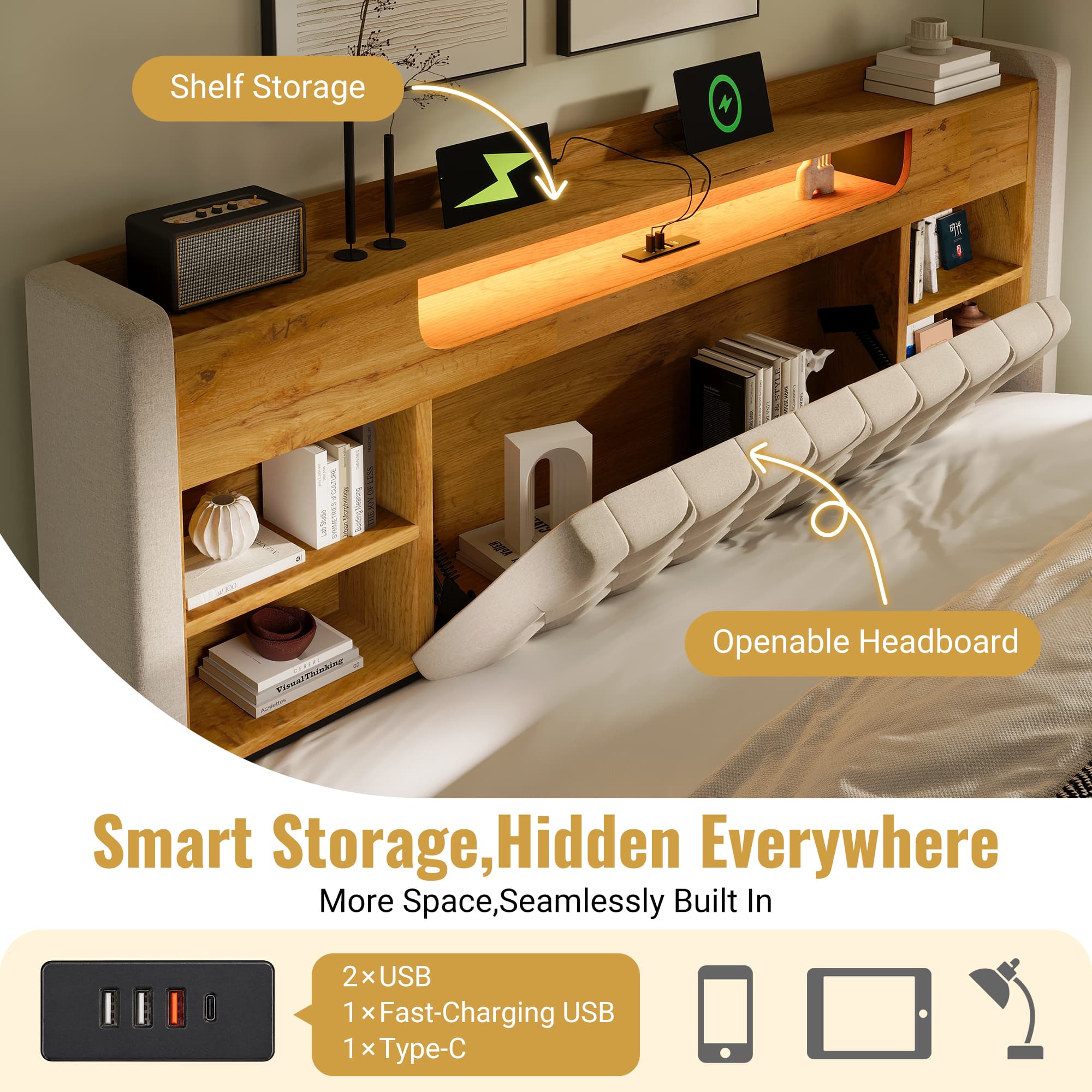 4ft6 Double Bed With Hydraulic Storage, Upholstered Bed Frame With LED Lighting & Charging Station, Storage Headboard For Cellphones & Tablets, 135 X 190 Cm, Linen, Beige No Mattress 2