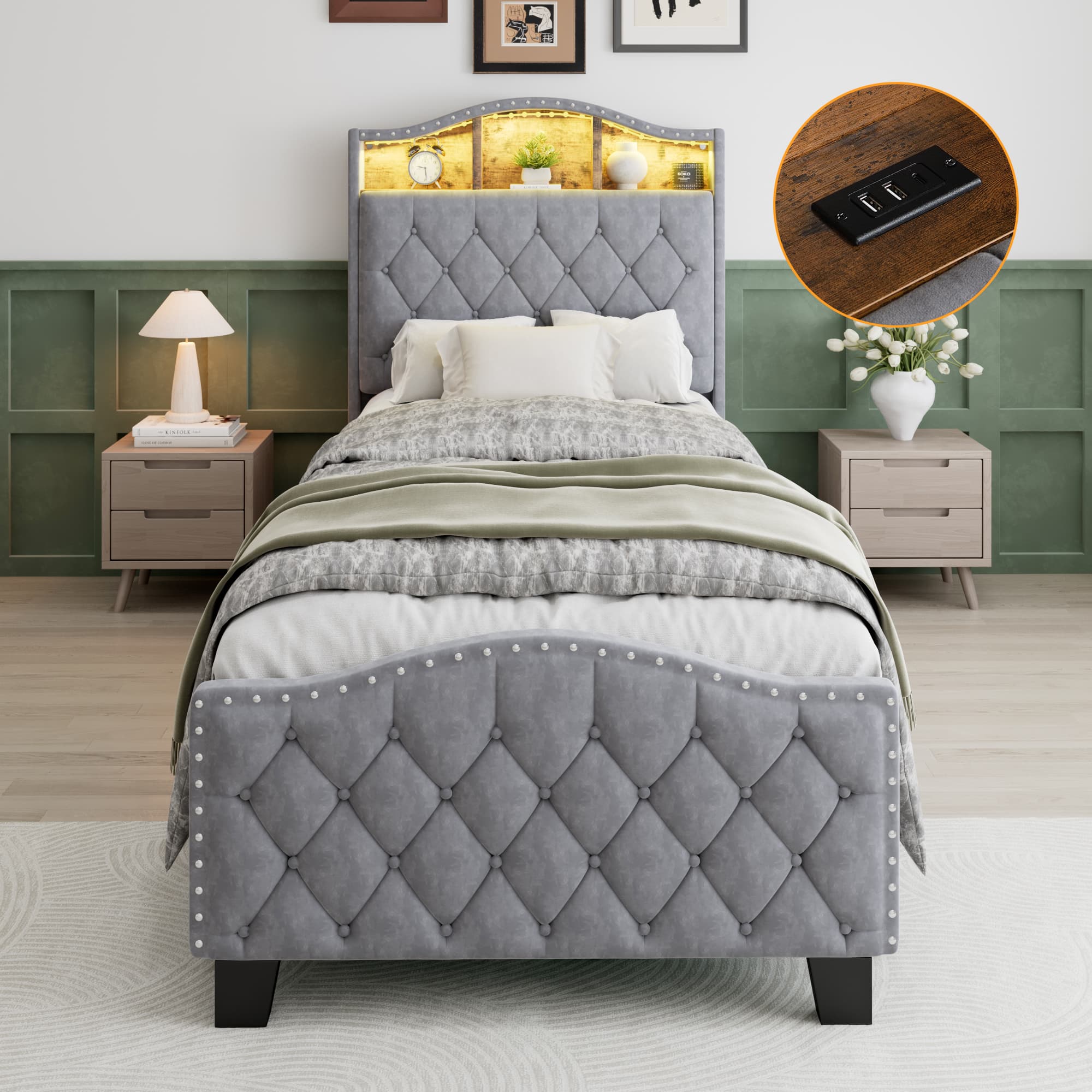 Upholstered Bed, 3FT Single Bed 90x190cm, Storage Bed, Soft Backrest,With Bed Slats, With LED Light Strip,For Adults & Teenagers, Velvet, Grey 2