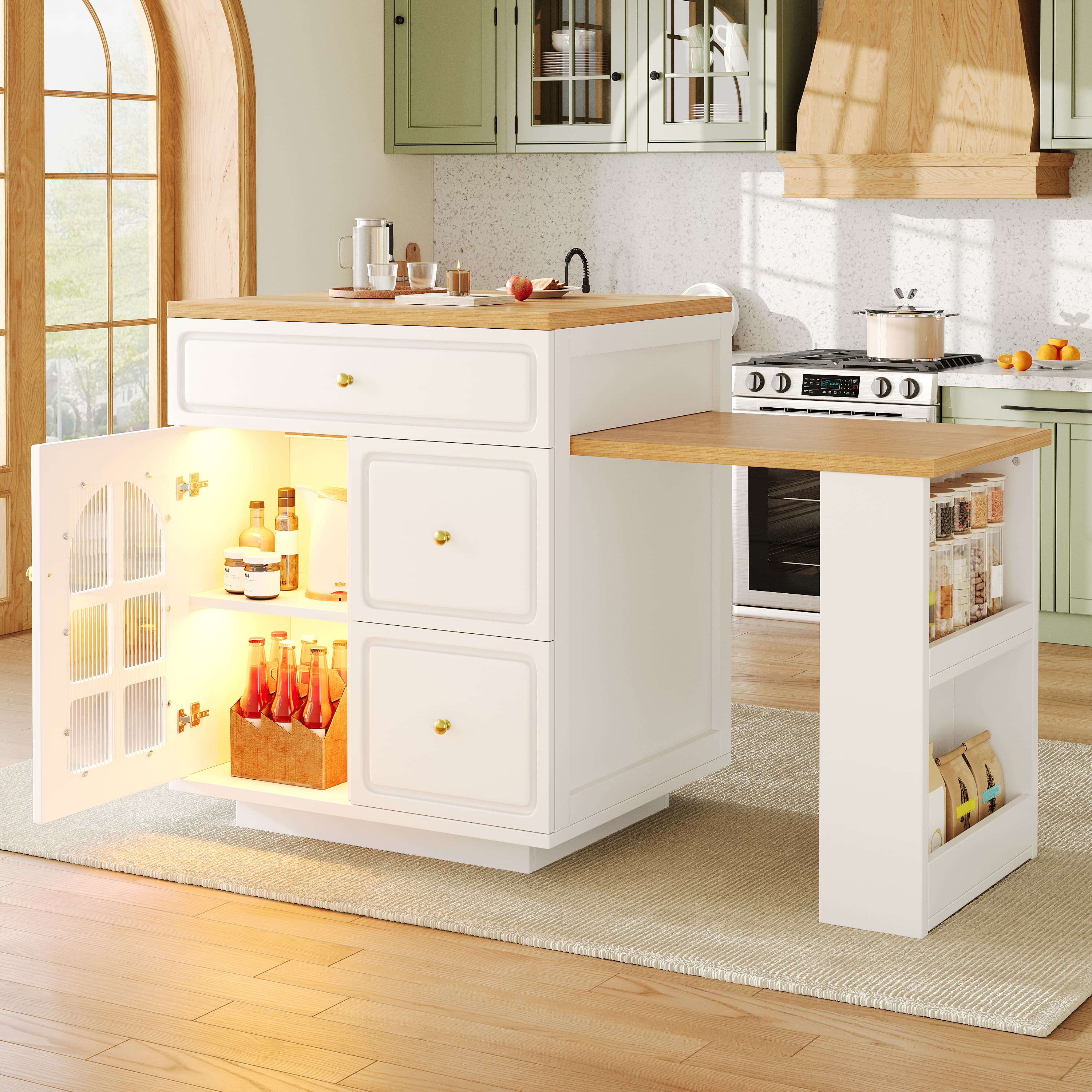 Extendable Bar Table With Storage 122.5-195.5x70x93.5cm , With Four Drawers And Curved Glass Door, Kitchen Island With Extendable Table, LED Color Light, For 2-6 People, Kitchen Dining Cart With Side 2