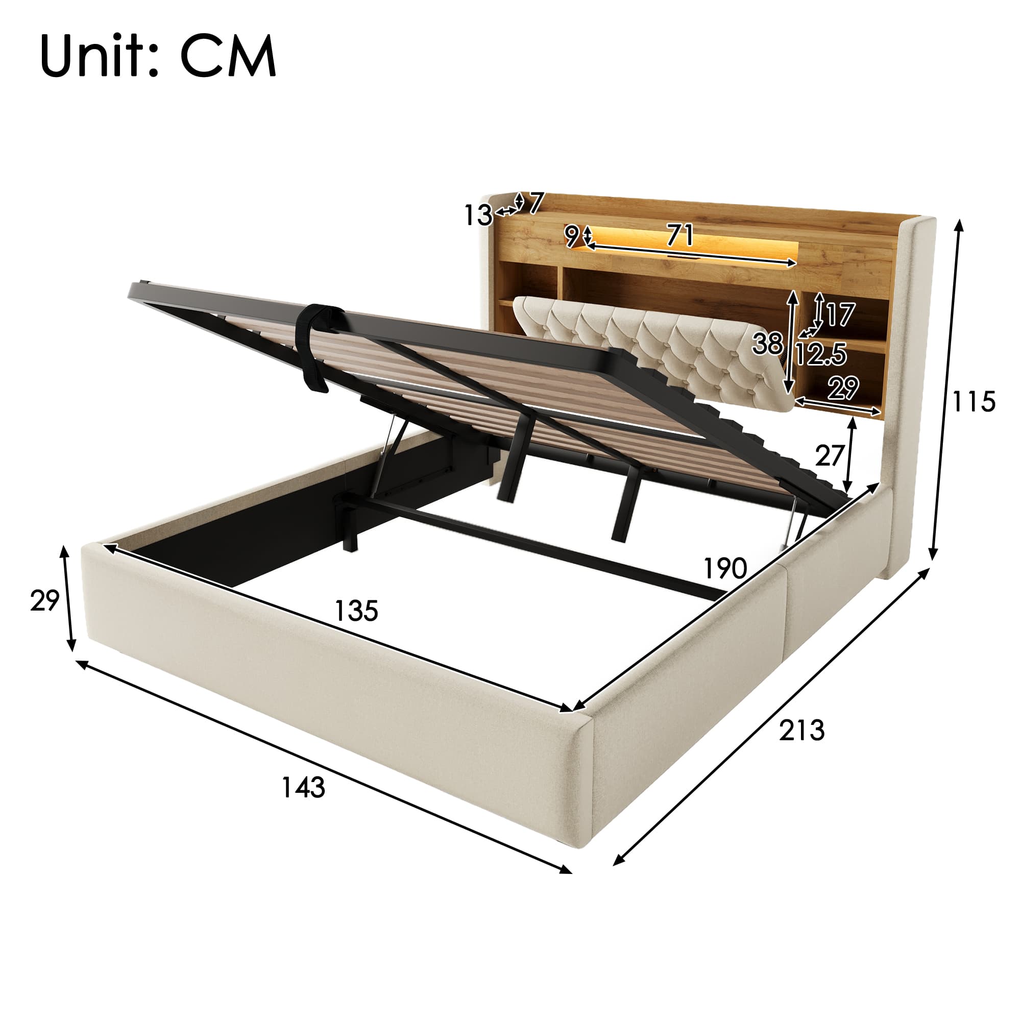 4ft6 Double Bed With Hydraulic Storage, Upholstered Bed Frame With LED Lighting & Charging Station, Storage Headboard For Cellphones & Tablets, 135 X 190 Cm, Linen, Beige No Mattress 3
