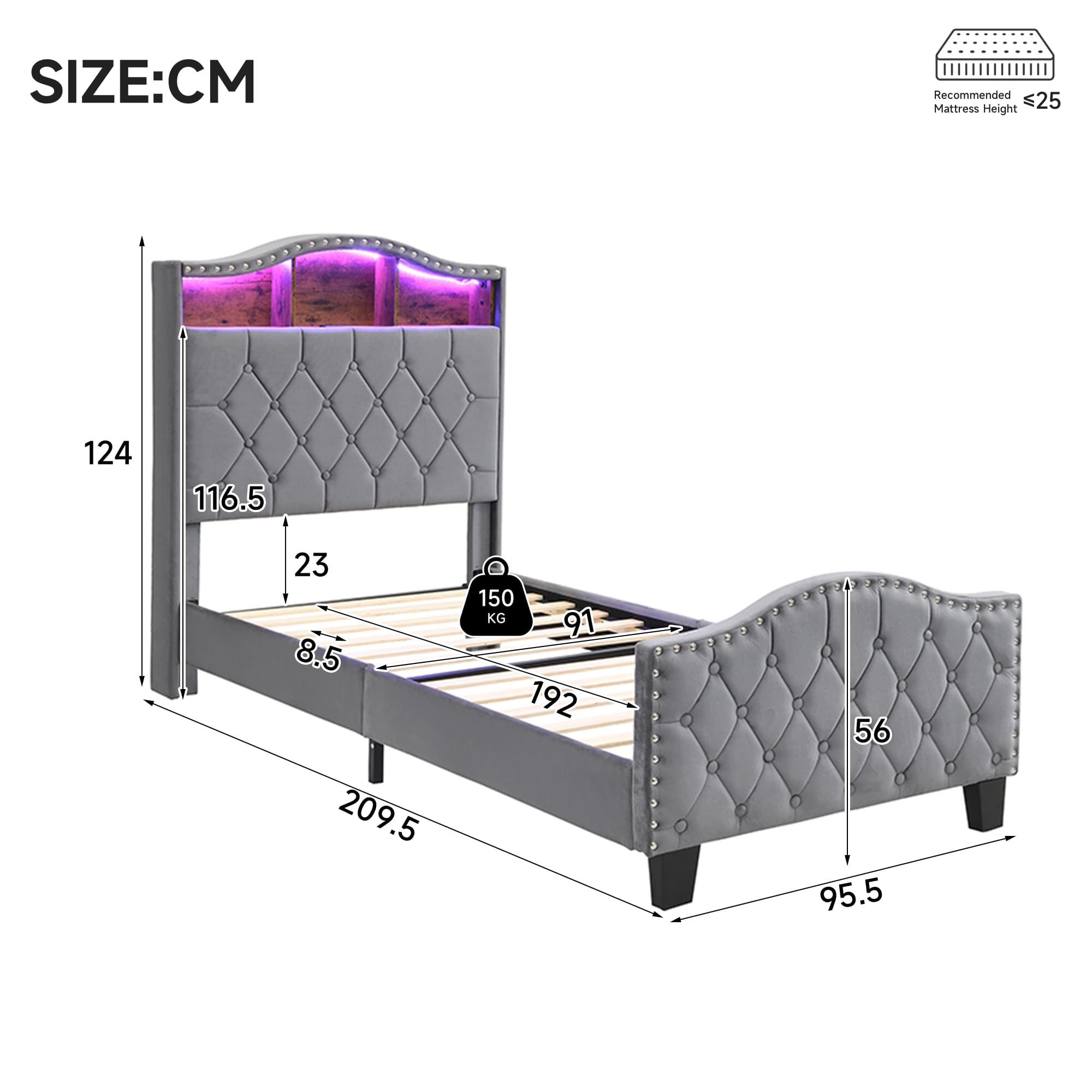 Upholstered Bed, 3FT Single Bed 90x190cm, Storage Bed, Soft Backrest,With Bed Slats, With LED Light Strip,For Adults & Teenagers, Velvet, Grey 4