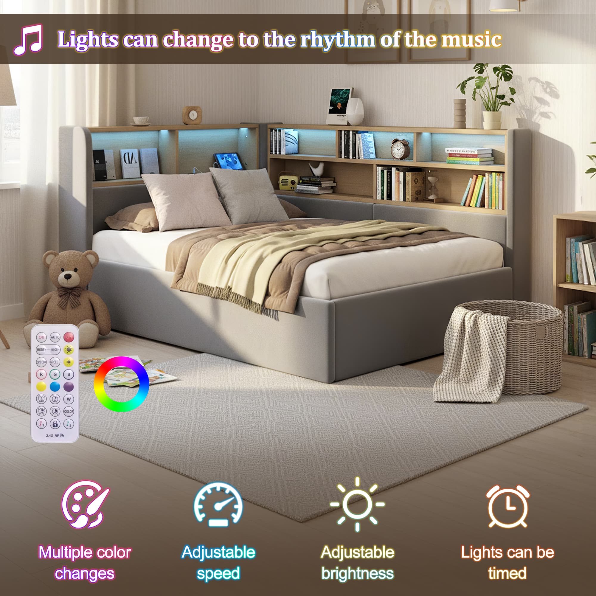 Daybed, L-shaped Upholstered With Storage Compartment, Sofa Bed With Storage, LED, USB Charging Port, 3FT Single Bed 90x190cm, Hydraulic Storage Bed Frame, Velvet, Grey 4