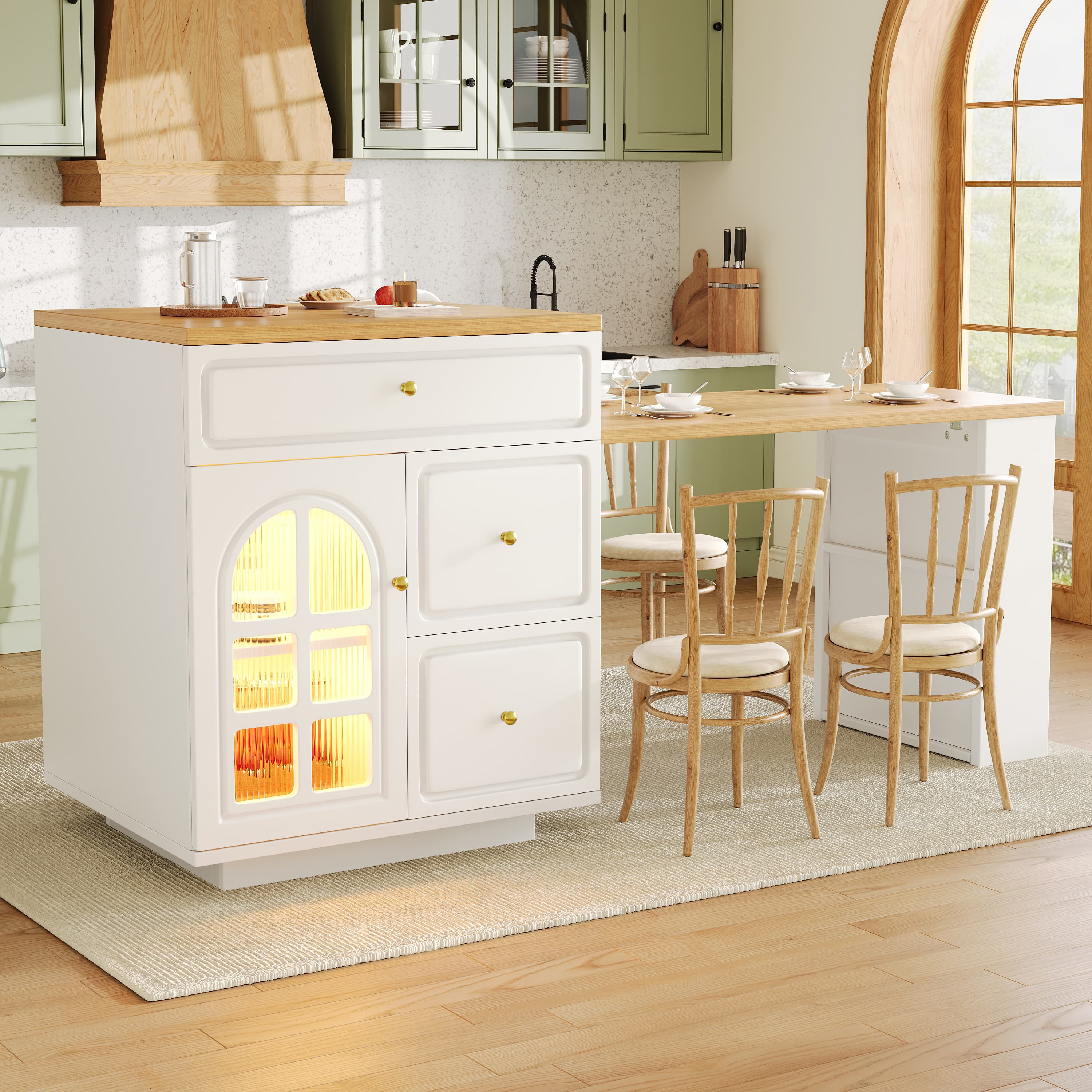 Extendable Bar Table With Storage 122.5-195.5x70x93.5cm , With Four Drawers And Curved Glass Door, Kitchen Island With Extendable Table, LED Color Light, For 2-6 People, Kitchen Dining Cart With Side 4