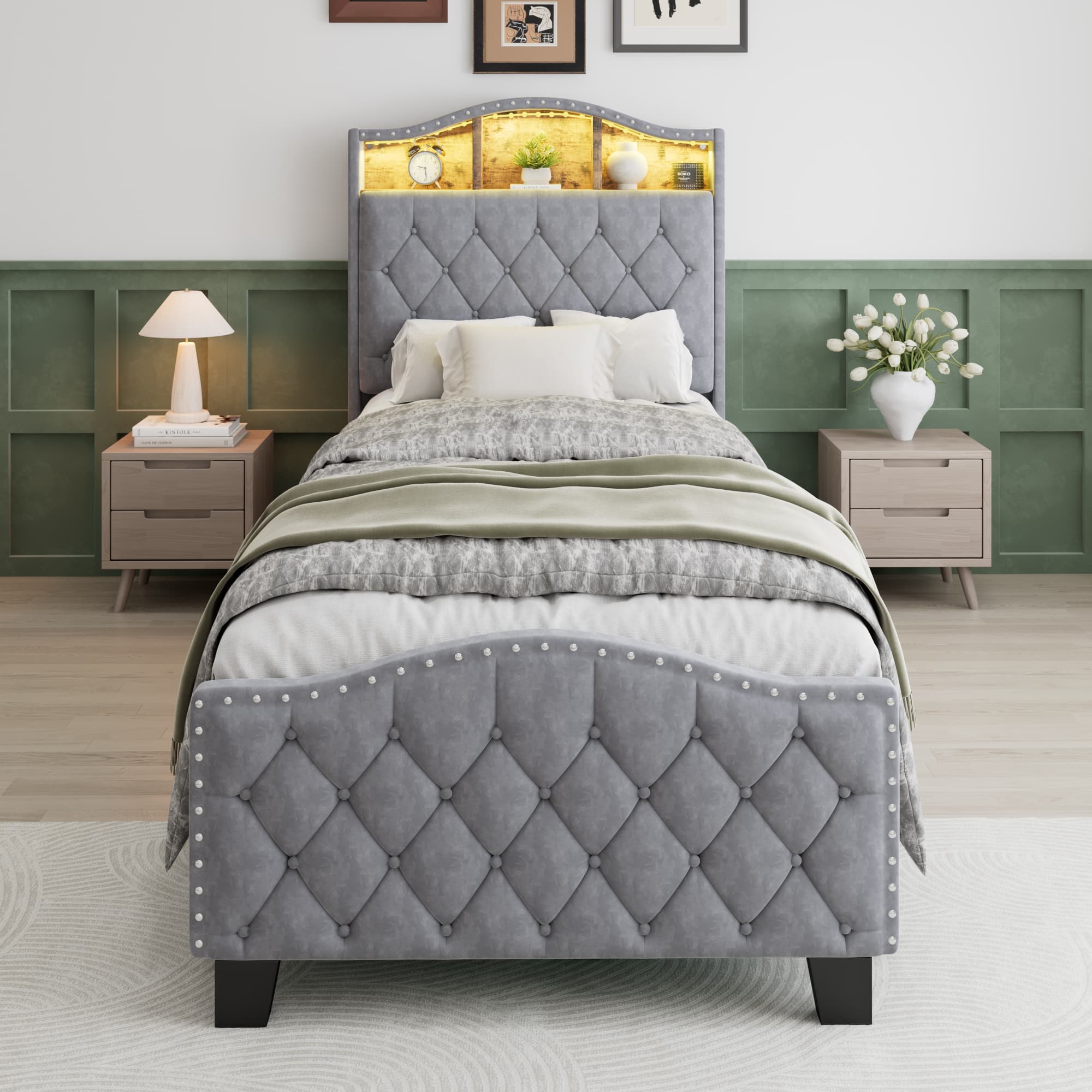 Upholstered Bed, 3FT Single Bed 90x190cm, Storage Bed, Soft Backrest,With Bed Slats, With LED Light Strip,For Adults & Teenagers, Velvet, Grey 5