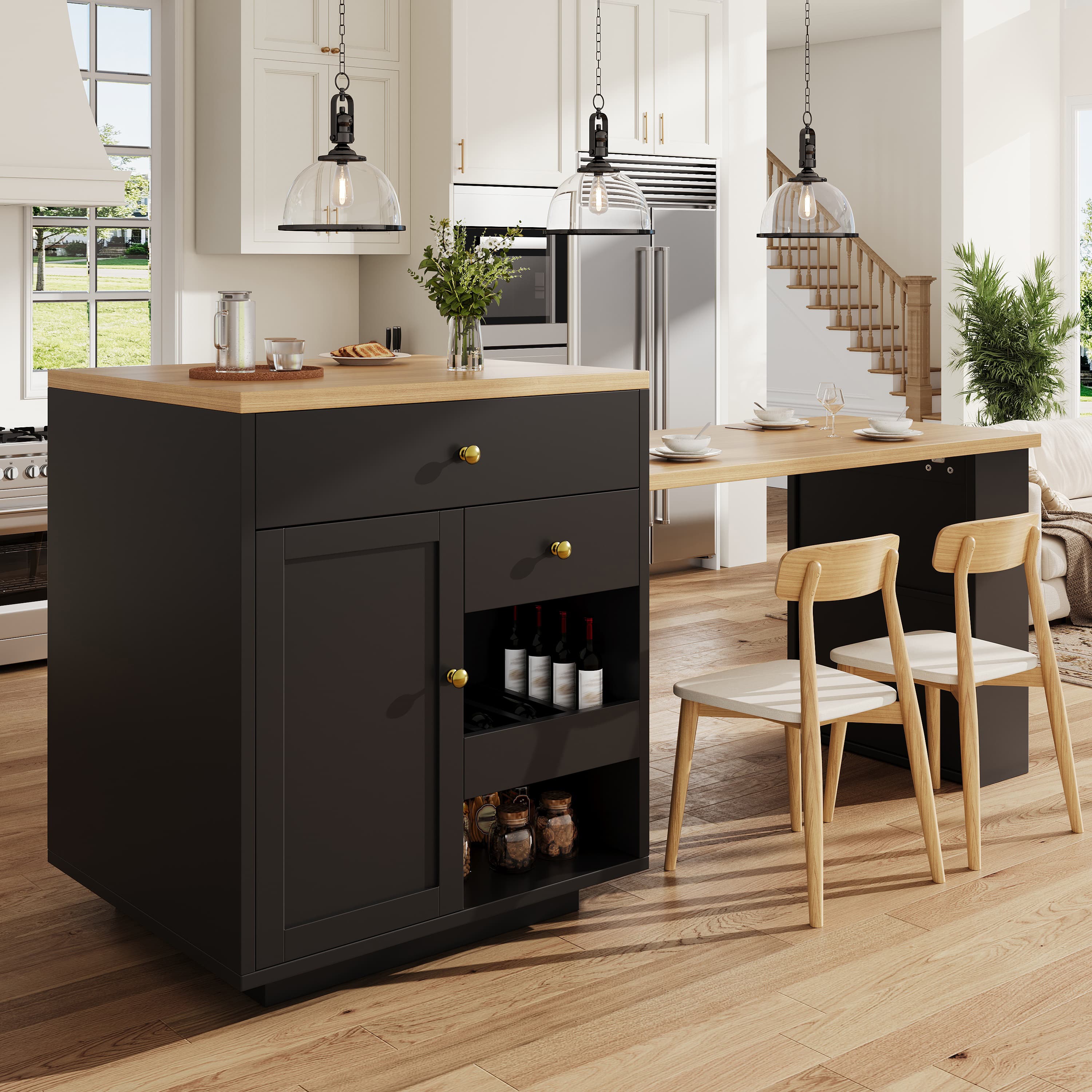 Extendable Bar Table With Storage 122.5-195.5x70x93.8cm, With Three Drawers And Wine Rack, Kitchen Island With Extendable Table, For 2-6 People, Kitchen Dining Cart With Side Shelves, Black 5
