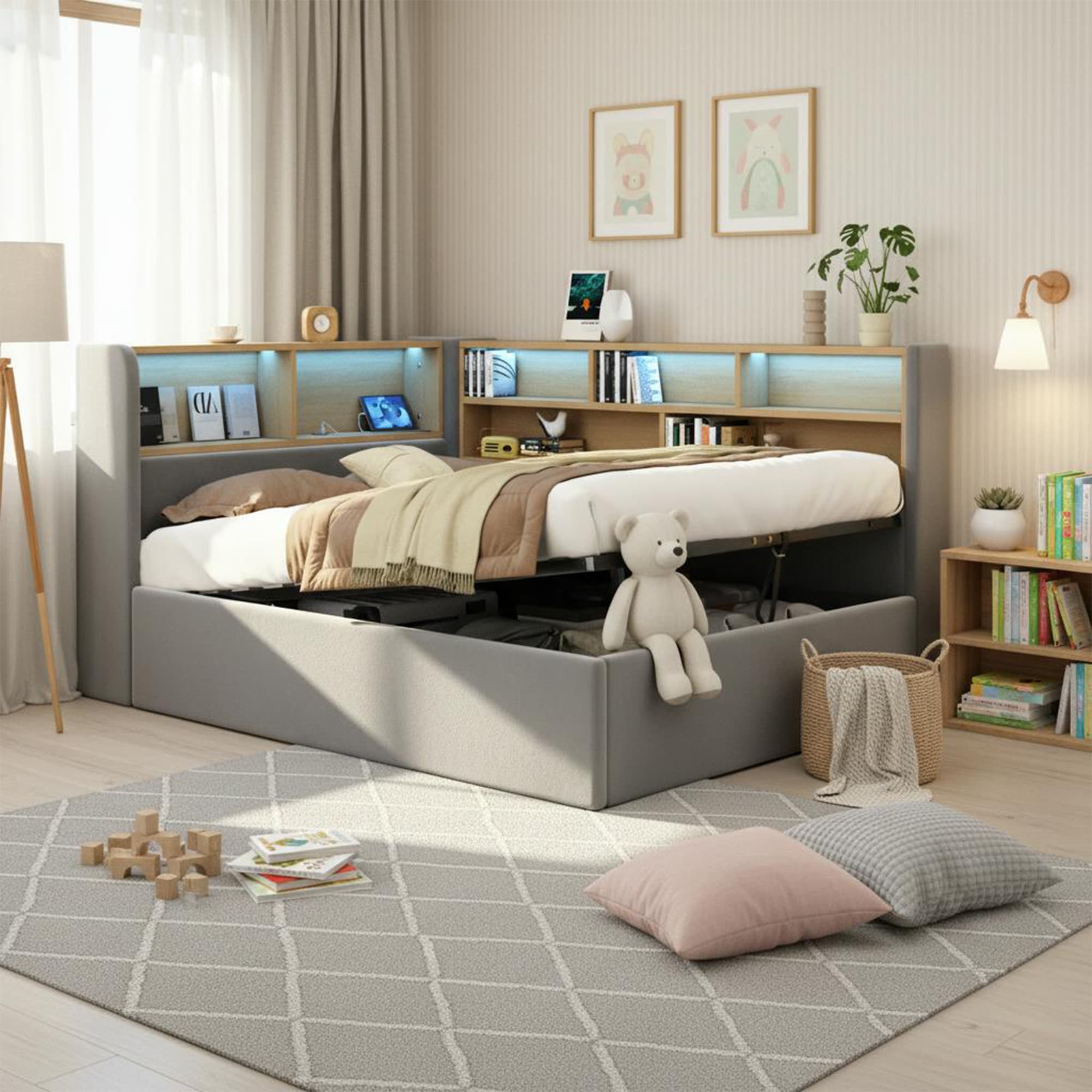 Daybed, L-shaped Upholstered With Storage Compartment, Sofa Bed With Storage, LED, USB Charging Port, 3FT Single Bed 90x190cm, Hydraulic Storage Bed Frame, Velvet, Grey 2
