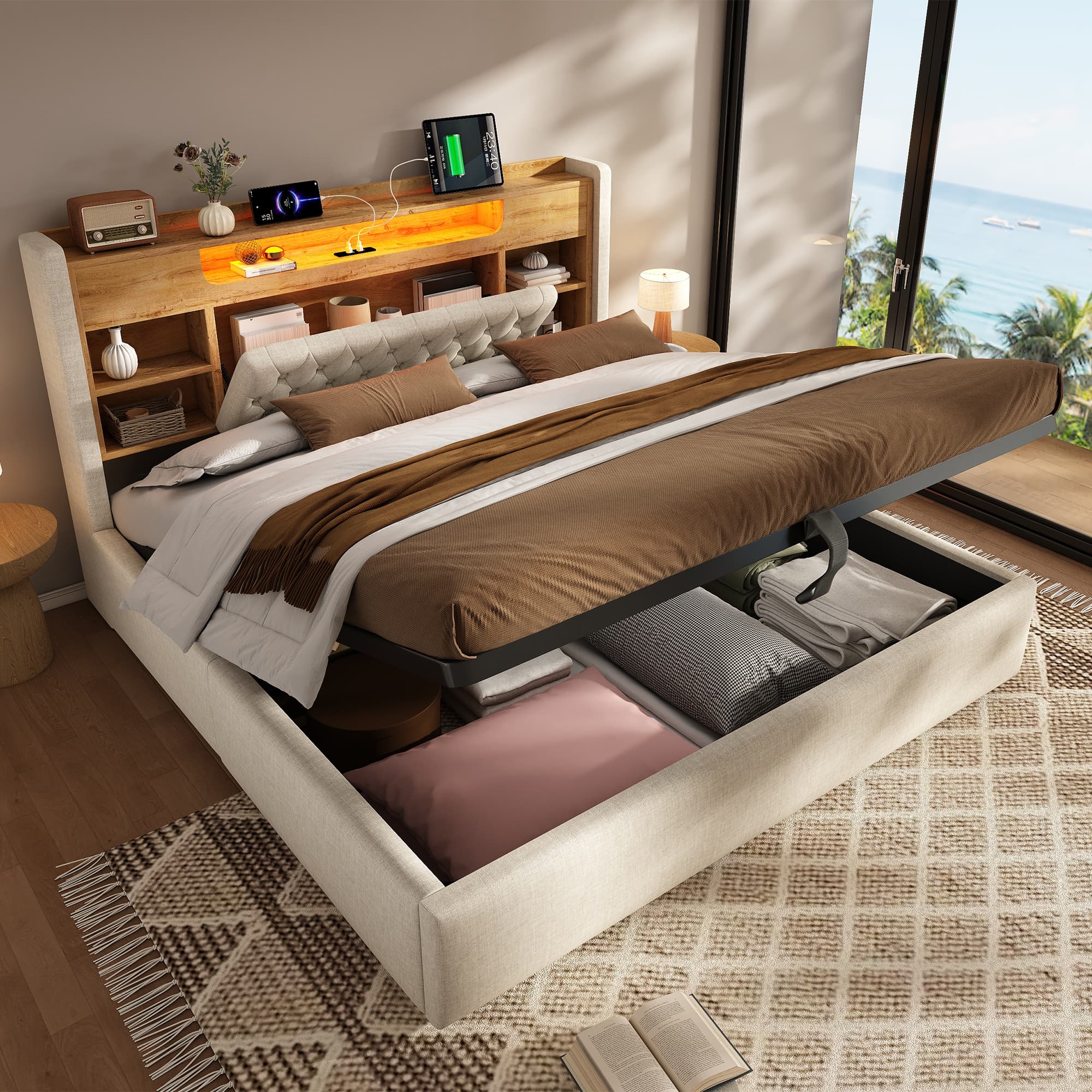 6ft Super King Bed With Hydraulic Storage, Upholstered Bed Frame With LED Lighting & Charging Station, Storage Headboard For Cellphones & Tablets, 180 X 200 Cm, Linen, Beige No Mattress 3