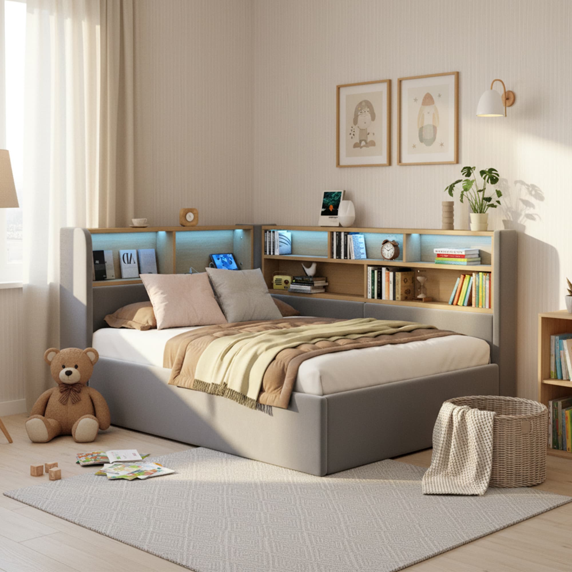 Daybed, L-shaped Upholstered With Storage Compartment, Sofa Bed With Storage, LED, USB Charging Port, 3FT Single Bed 90x190cm, Hydraulic Storage Bed Frame, Velvet, Grey 3