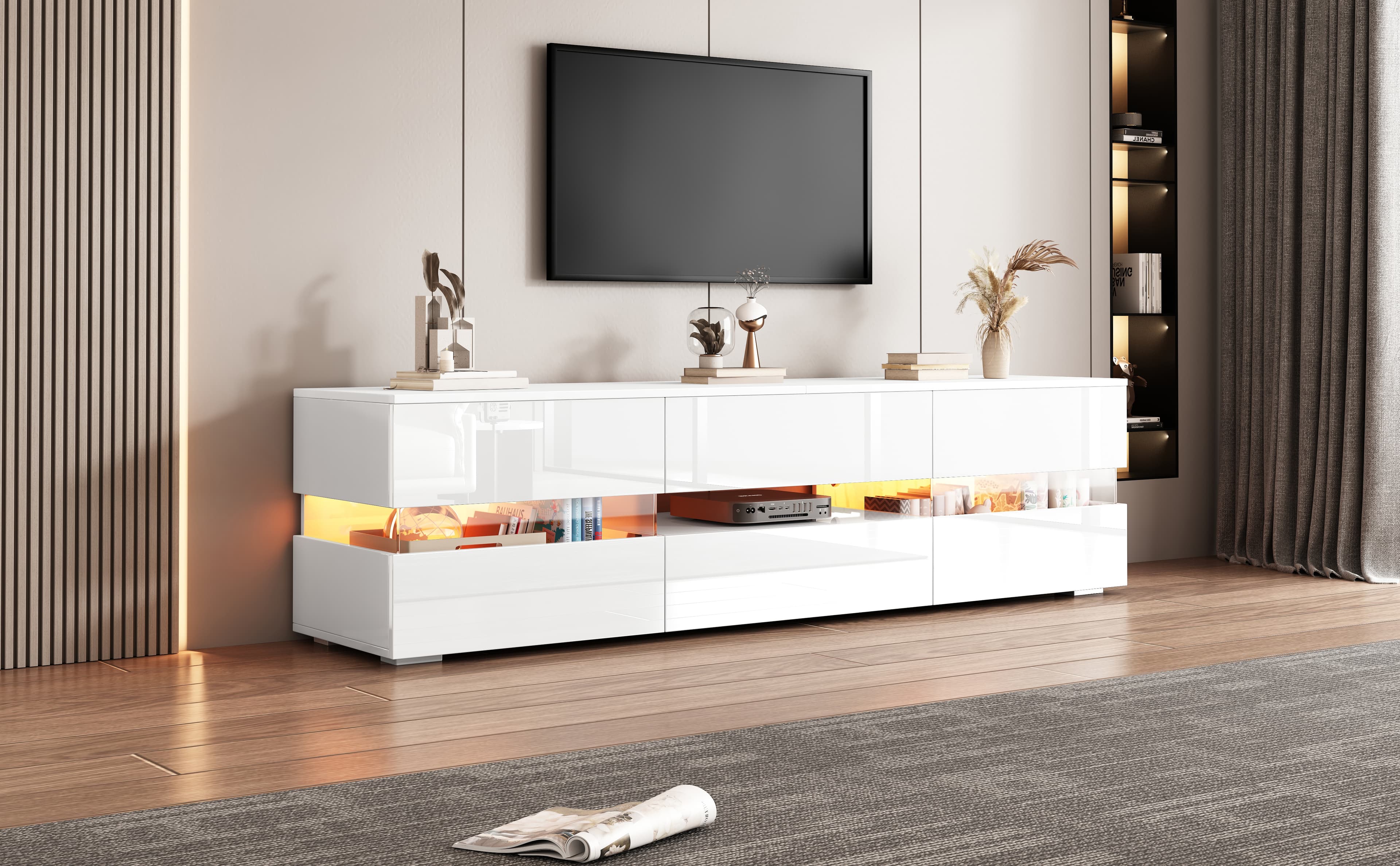 LED TV Stand Cabinet, High Gloss TV Stand Unit With LED Lights 160CM, TV Boards, TV Cabinet, Entertainment Center, TV Console Table,Media Console 2